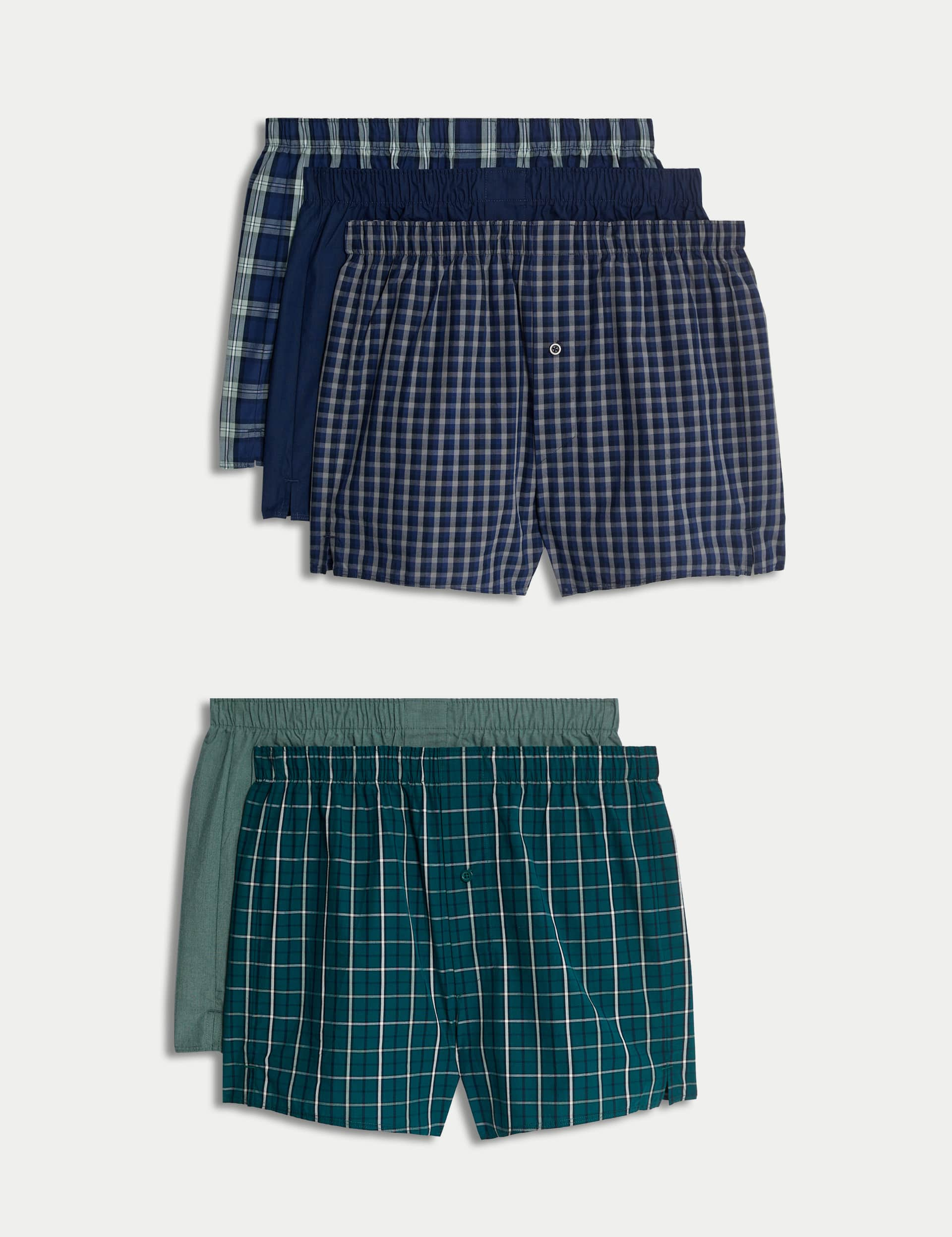 M&S Men's 5pk Pure Cotton Checked Woven Boxers - L - Blue Mix, Blue Mix