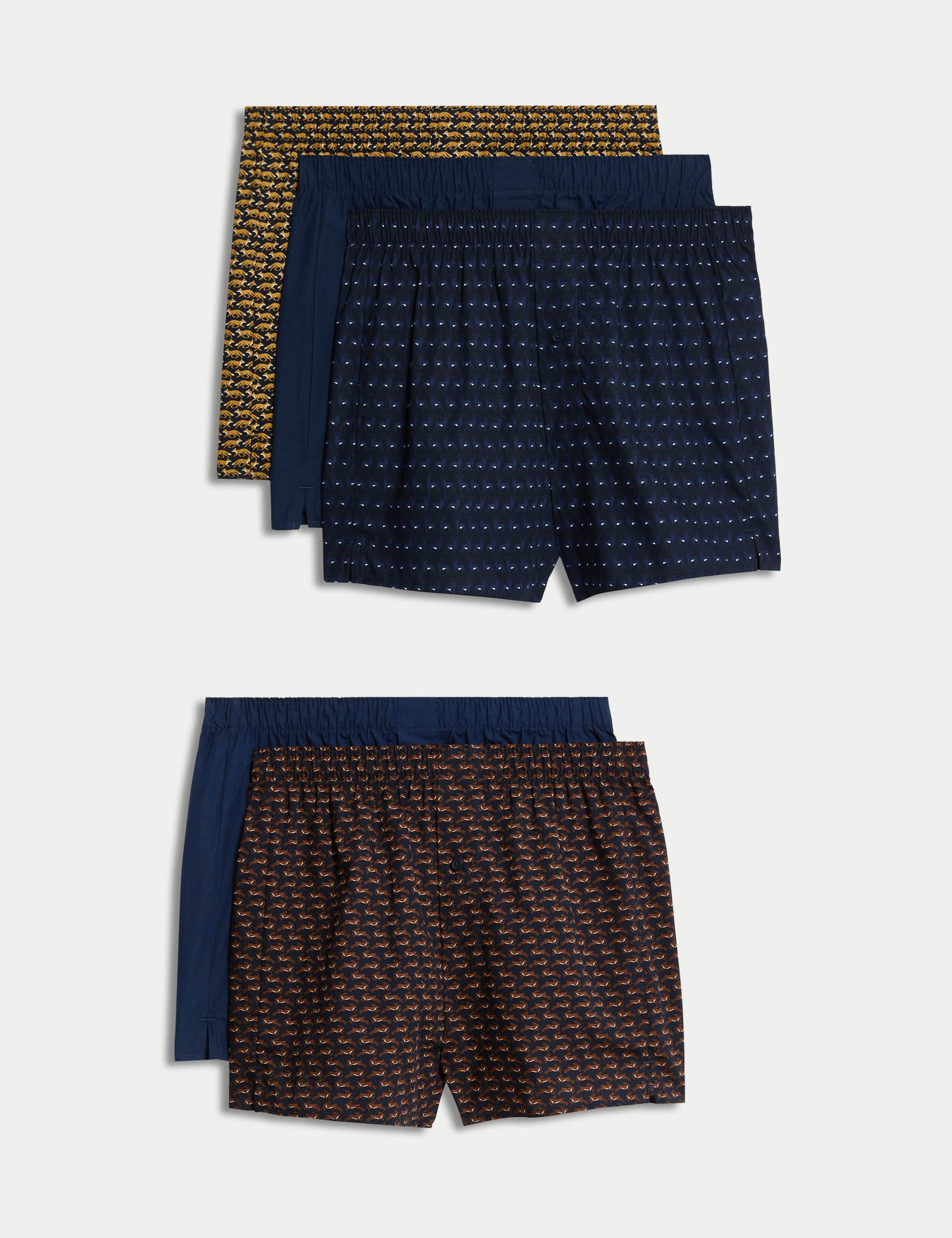 M&S Men's 5pk Pure Cotton Animal Woven Boxers - Navy Mix, Navy Mix