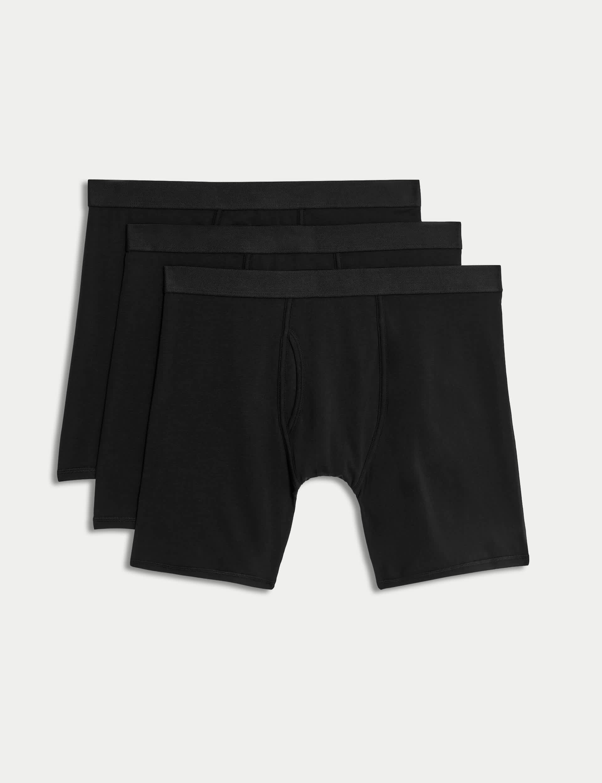 M&S Men's 3pk Cotton Rich Cool & Fresh Longer Length Trunks - Black, Black