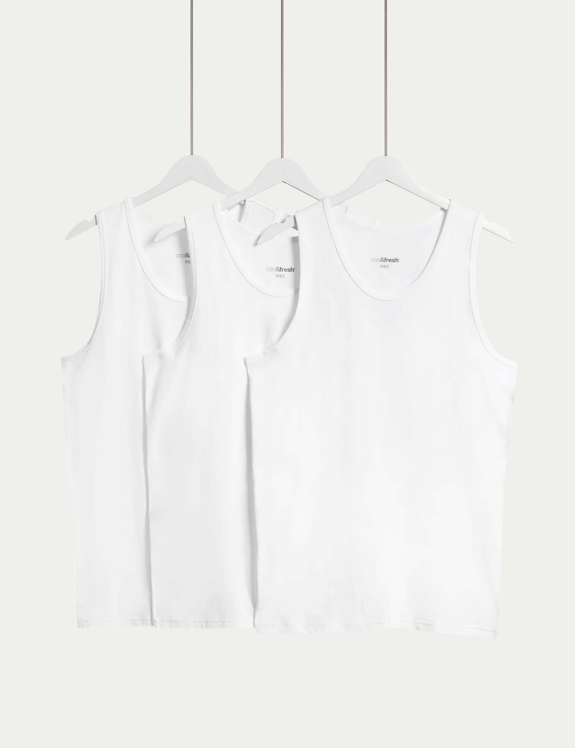 M&S Collection Men's 3pk Cotton Stretch Cool & Fresh Vests - White, White