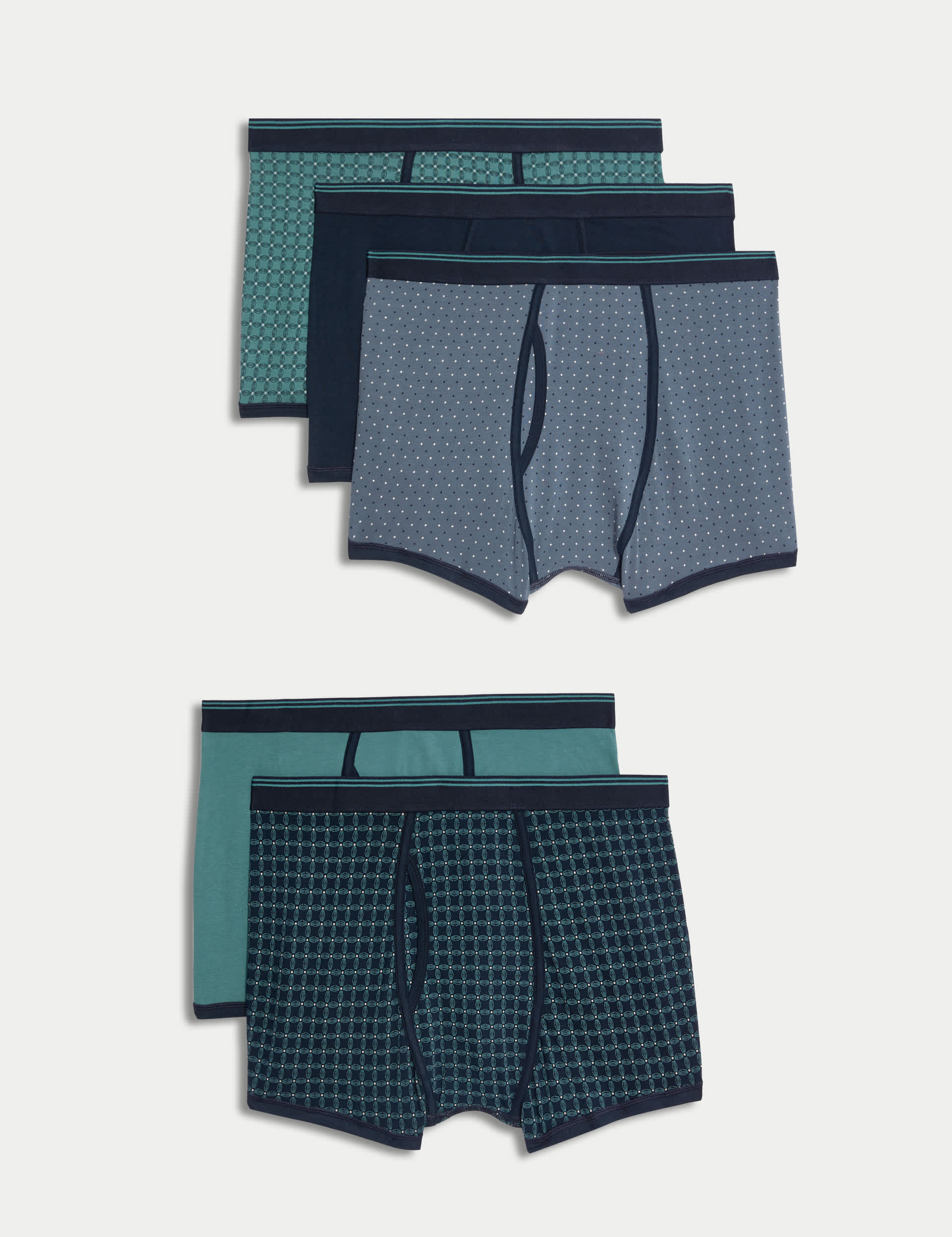 M&S Collection Men's 5pk Cotton Rich Stretch Cool & Fresh™ Geometric Trunks - Green Mix, Green Mix