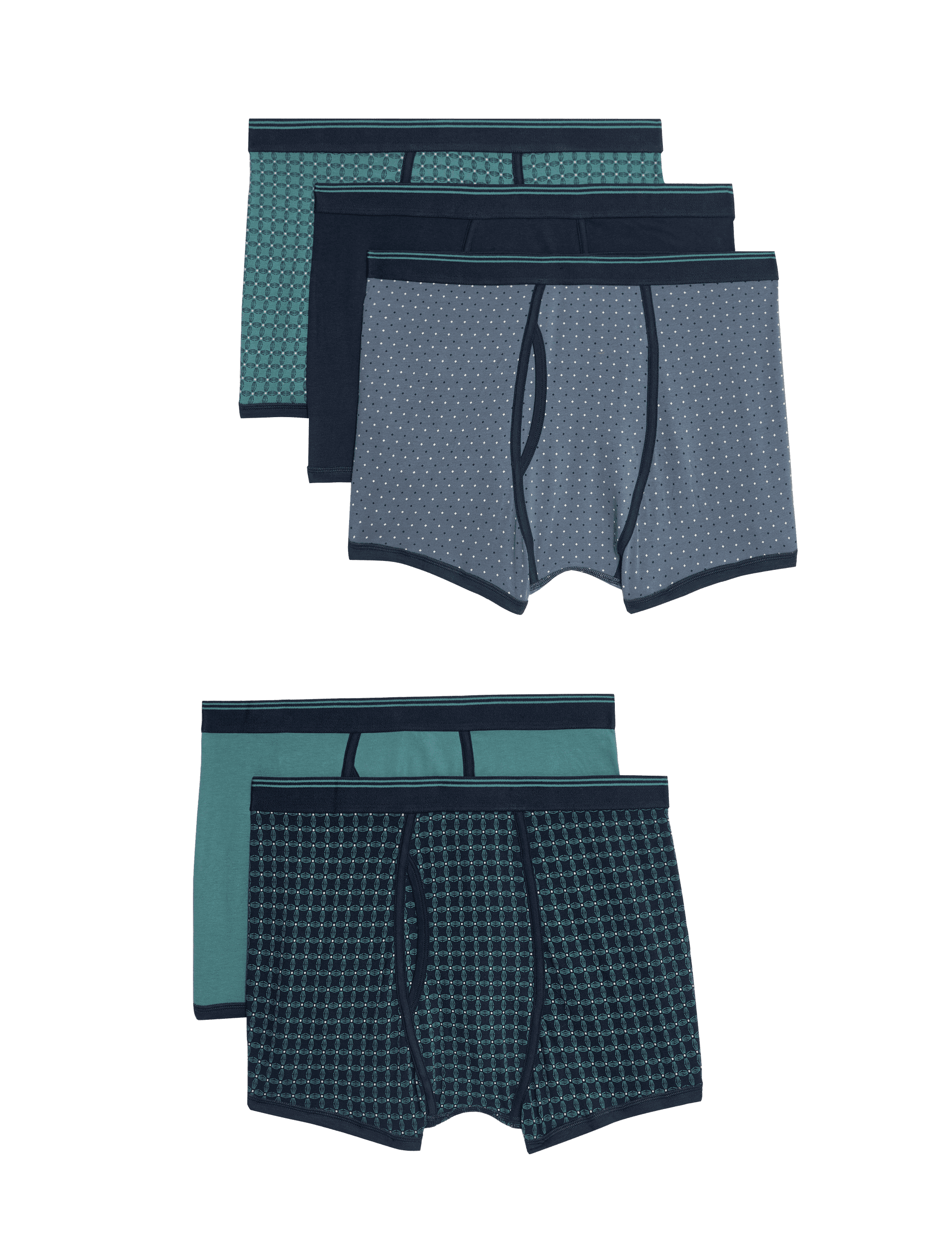 M&S Collection Men's 5pk Cotton Rich Stretch Cool & Fresh Geometric Trunks - Green Mix, Green Mix