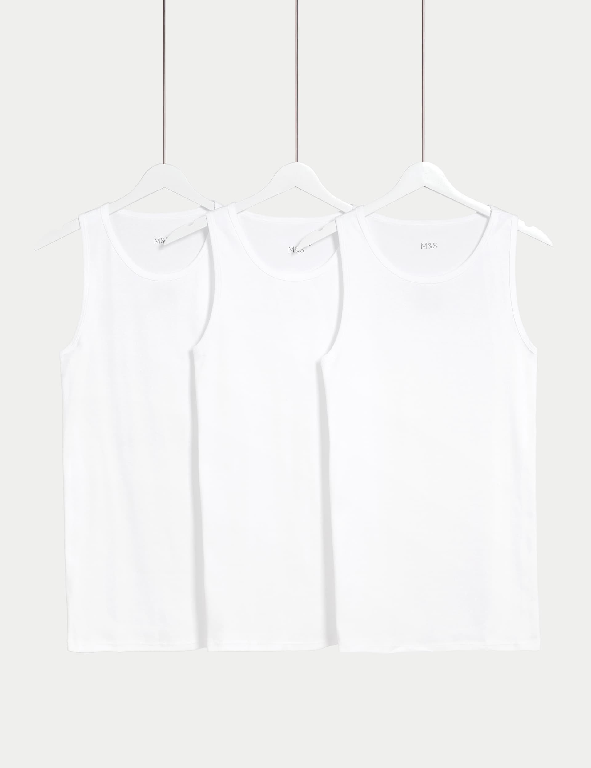 M&S Men's 3pk Essential Cotton Sleeveless Vests - M - White, White