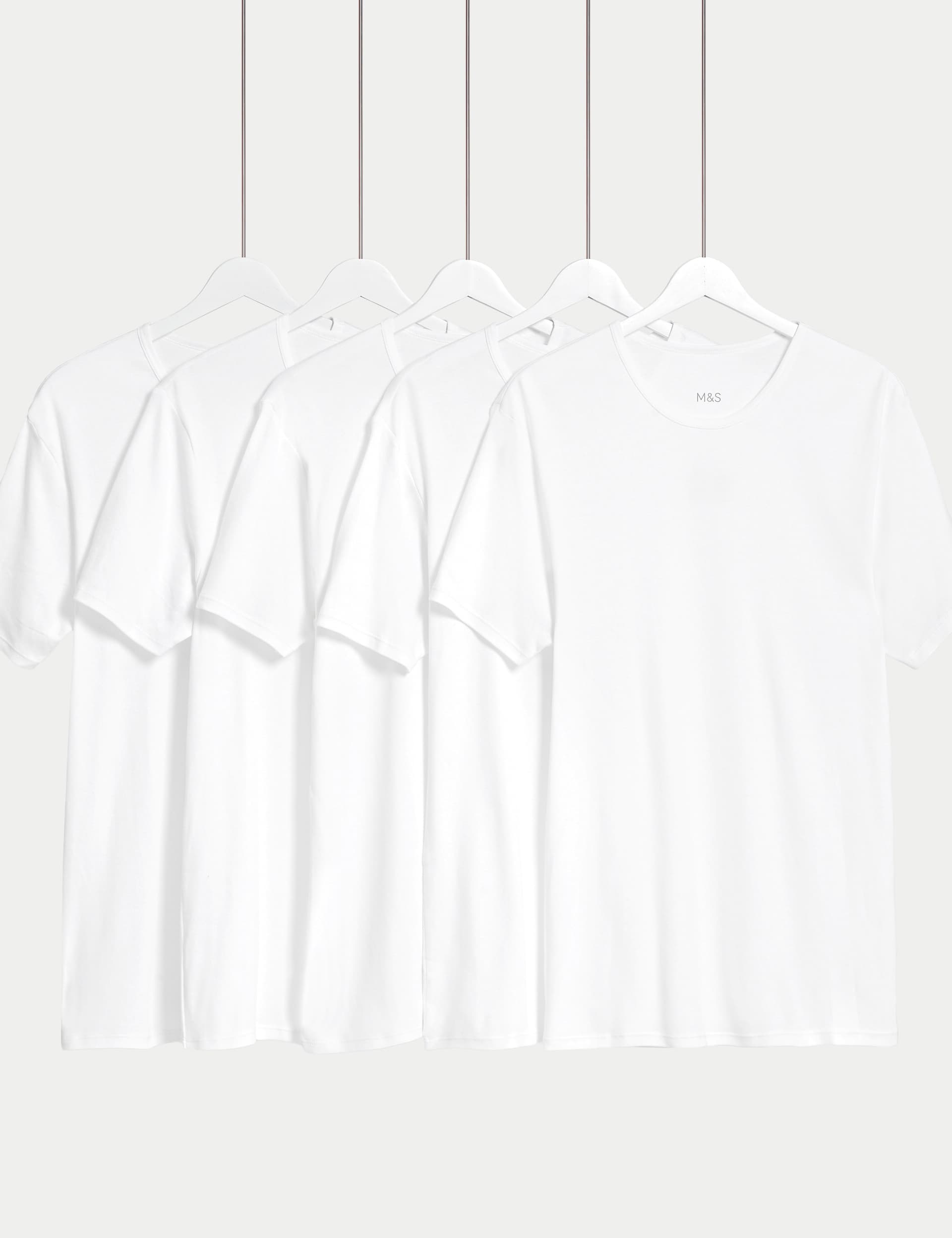 M&S Men's 5pk Essential Cotton T-Shirt Vests - White, White