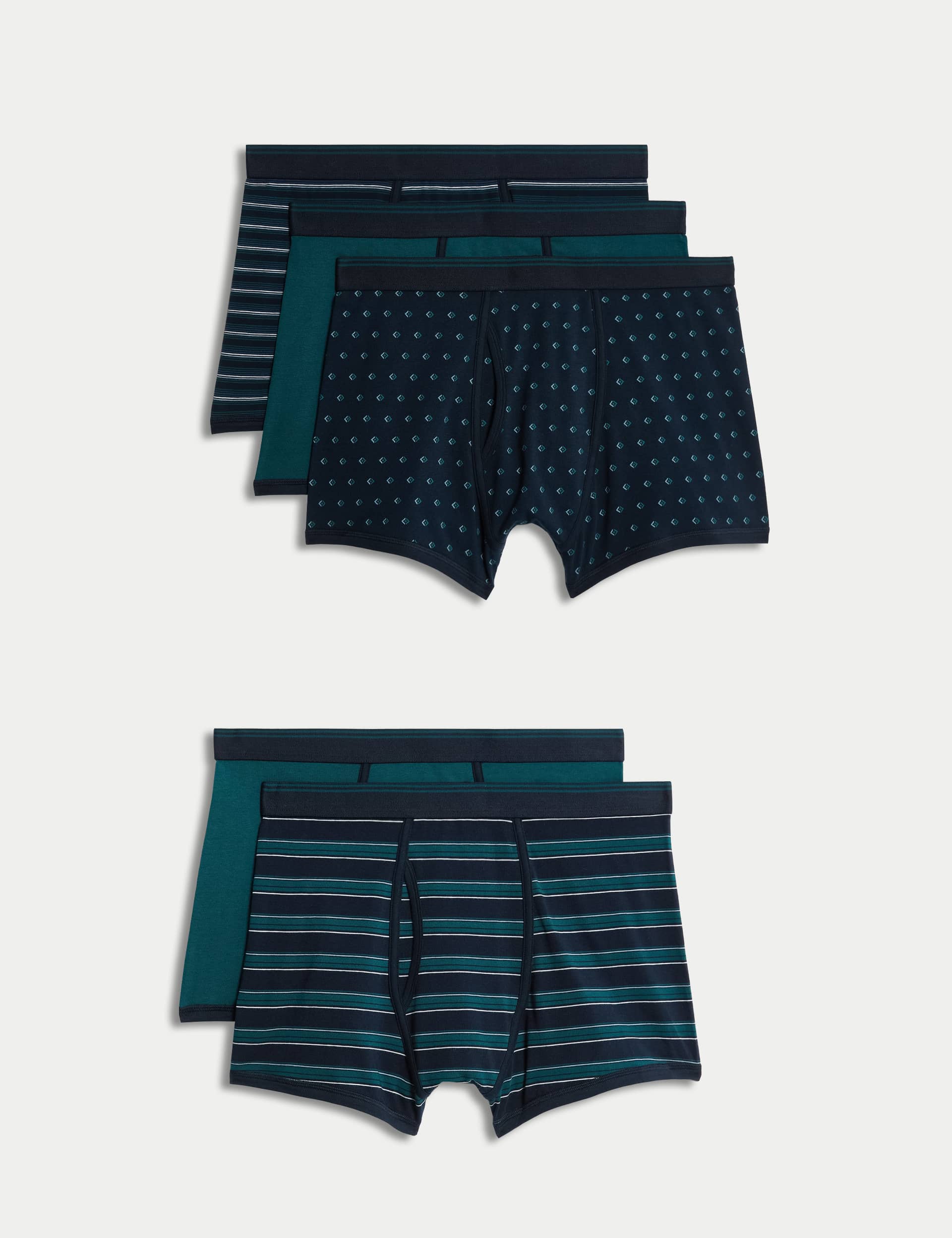 M&S Men's 5pk Cotton Rich Cool & Fresh Assorted Pattern Trunks - M - Green Mix, Green Mix