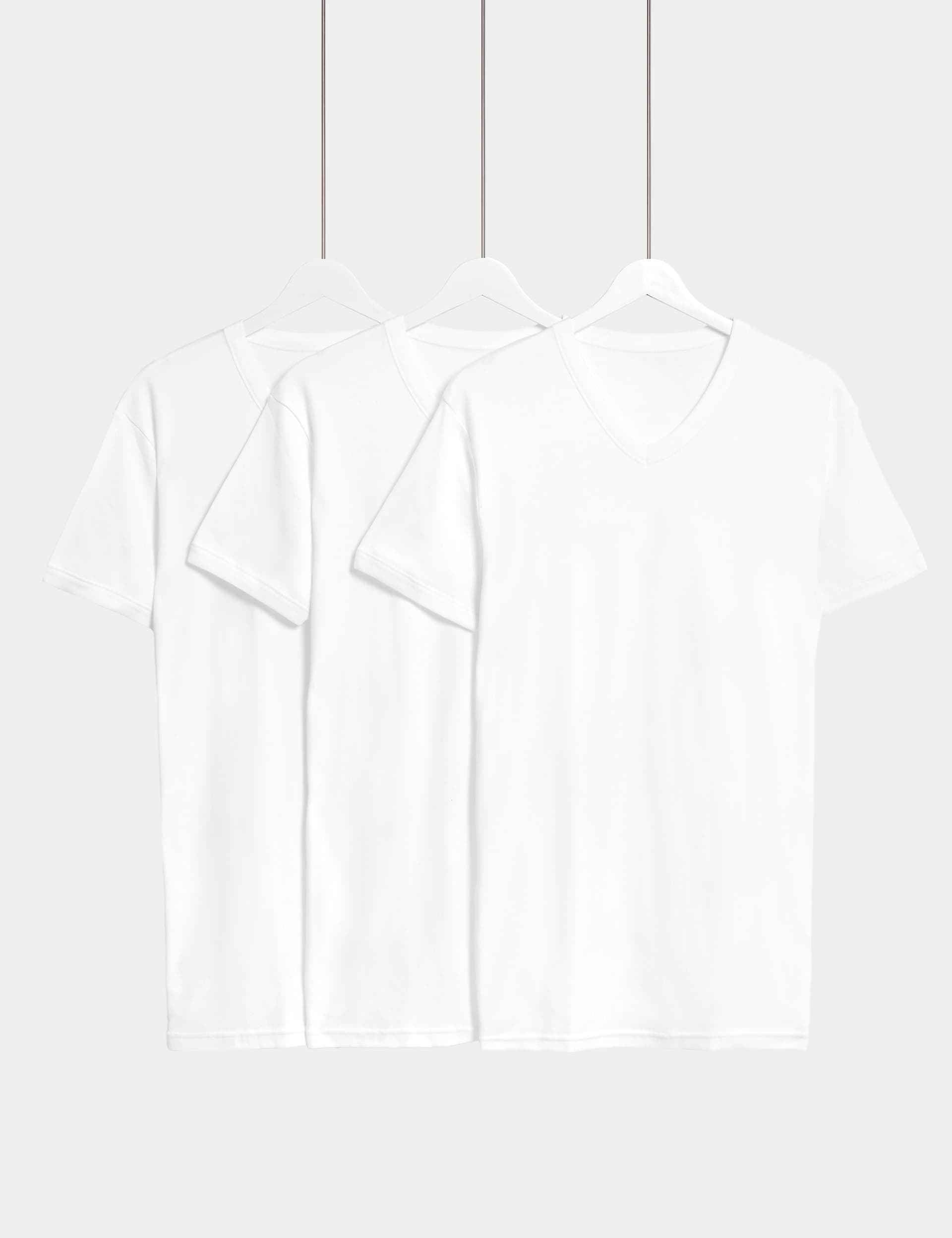 M&S Men's 3pk Pure Cotton V-Neck T-Shirt Vests - L - White, White