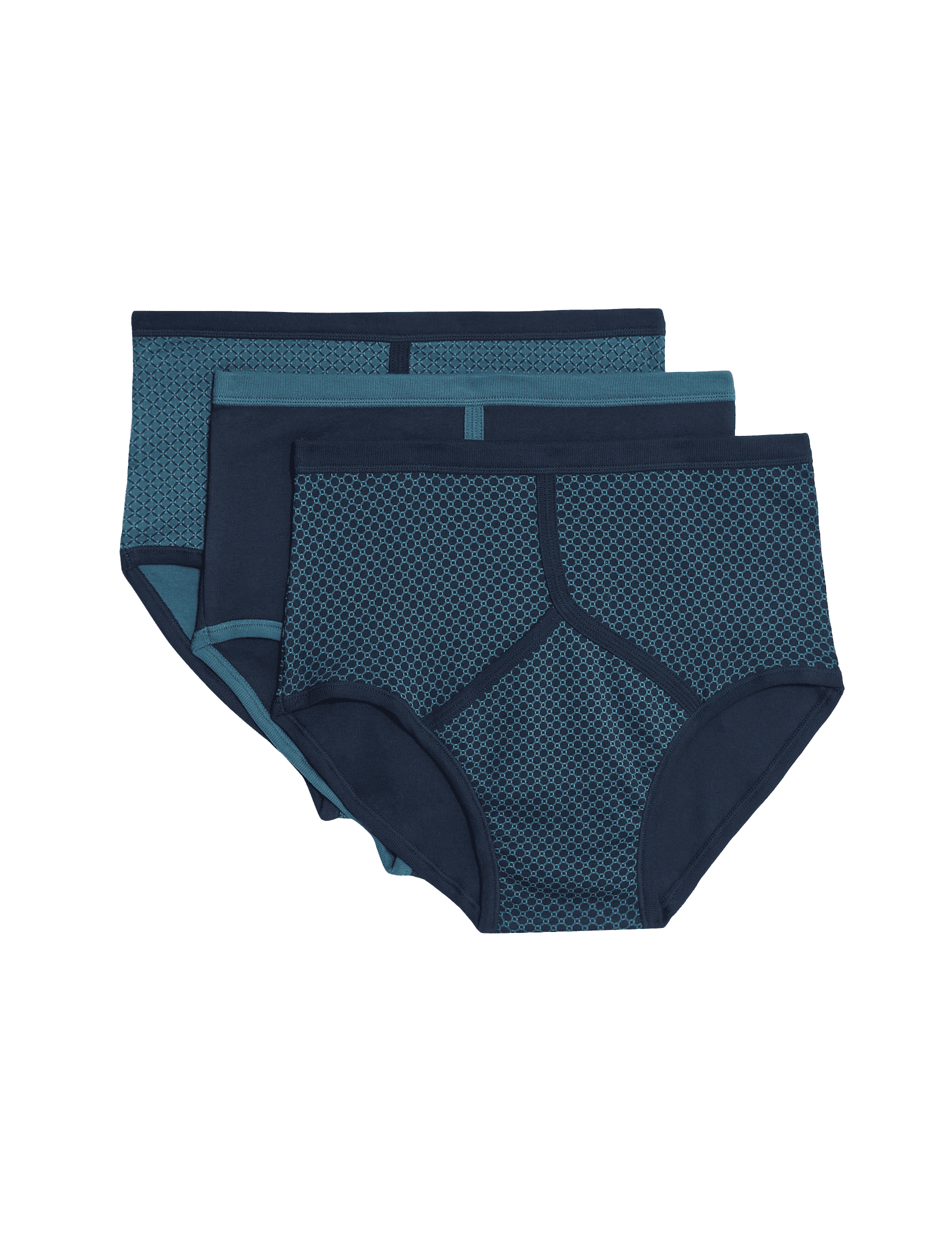 M&S Collection Men's 3pk Pure Cotton Assorted Pattern High Waist Briefs - L - Navy Mix, Navy Mix