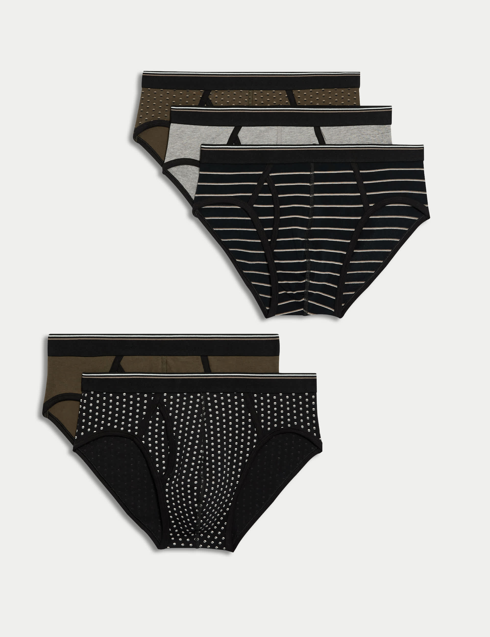 M&S Men's 5pk Cool & Fresh Assorted Patterned Briefs - Black Mix, Black Mix