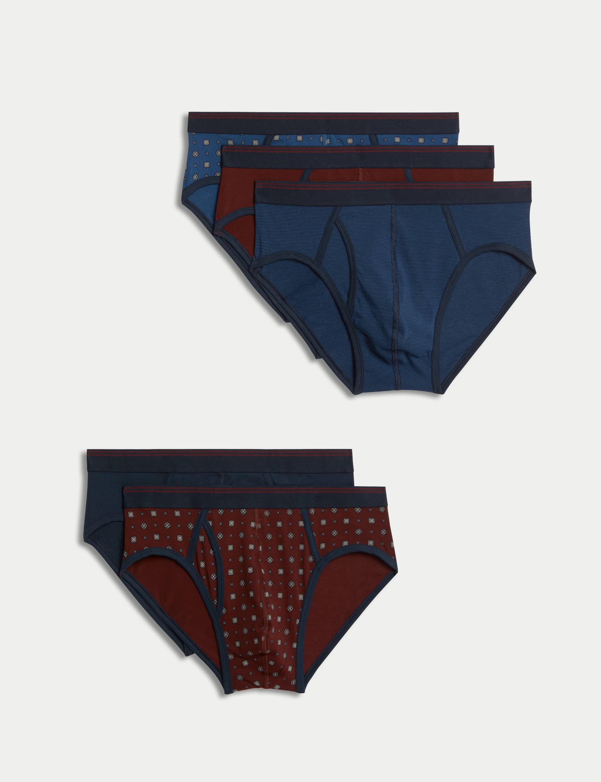 M&S Men's 5pk Cotton Rich Cool & Fresh Geometric Briefs - Burgundy Mix, Burgundy Mix