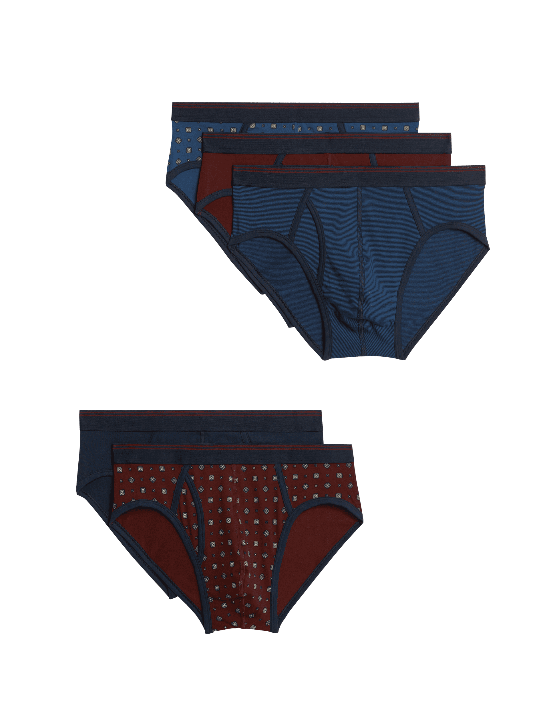 M&S Collection Men's 5pk Cotton Rich Cool & Fresh Geometric Briefs - Burgundy Mix, Burgundy Mix