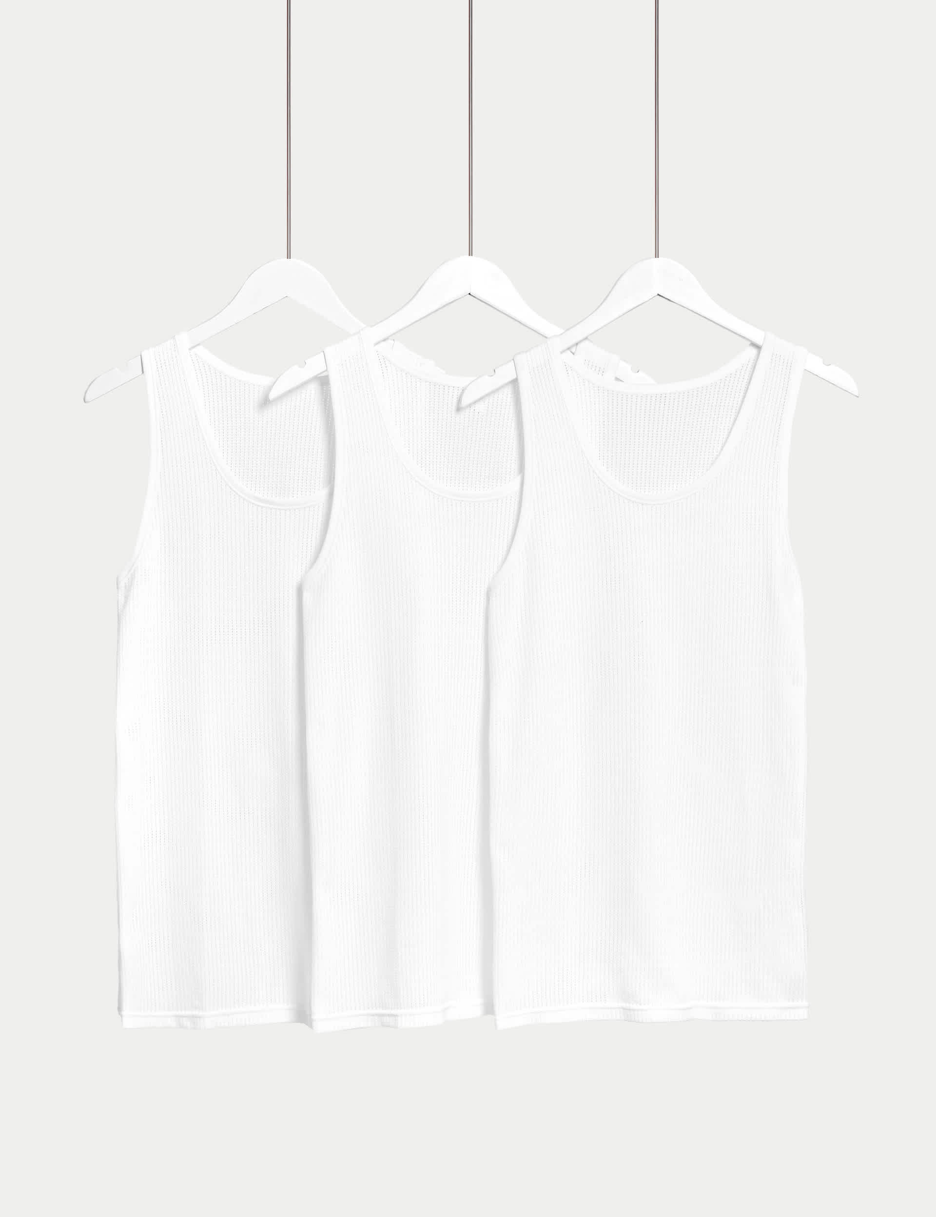 M&S Men's 3pk Pure Cotton Classic Sleeveless Mesh Vests - White, White