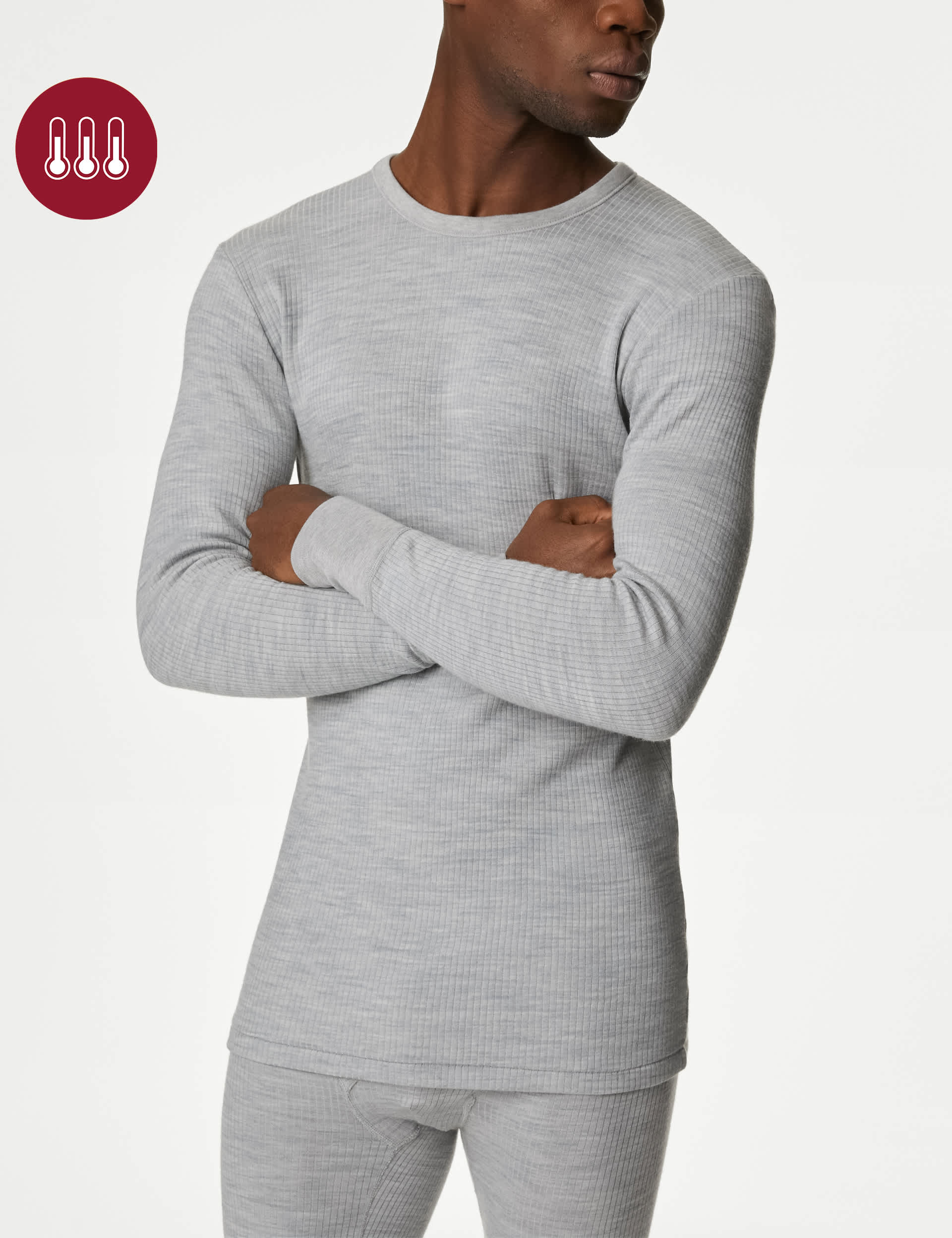 M&S Men's Heatgen Maximum Thermal Long Sleeve Top - Grey Marl, Grey Marl,Ivory,Black