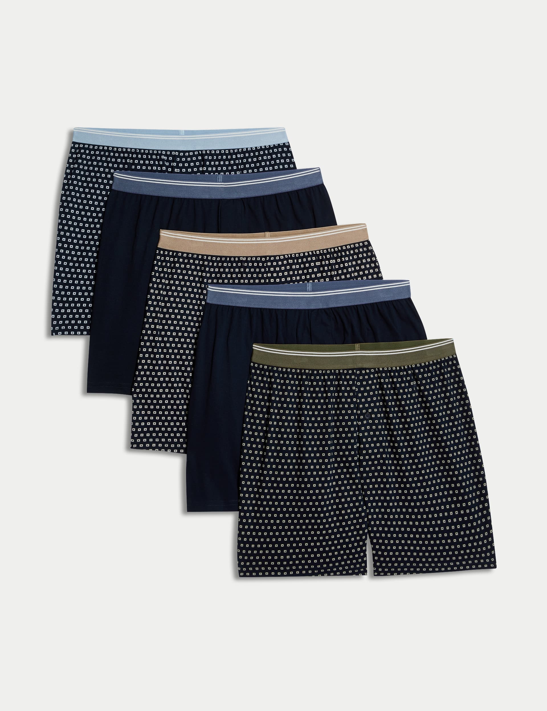 M&S Collection Men's 5pk Pure Cotton Cool & Fresh Assorted Pattern Jersey Boxers - Navy Mix, Navy M