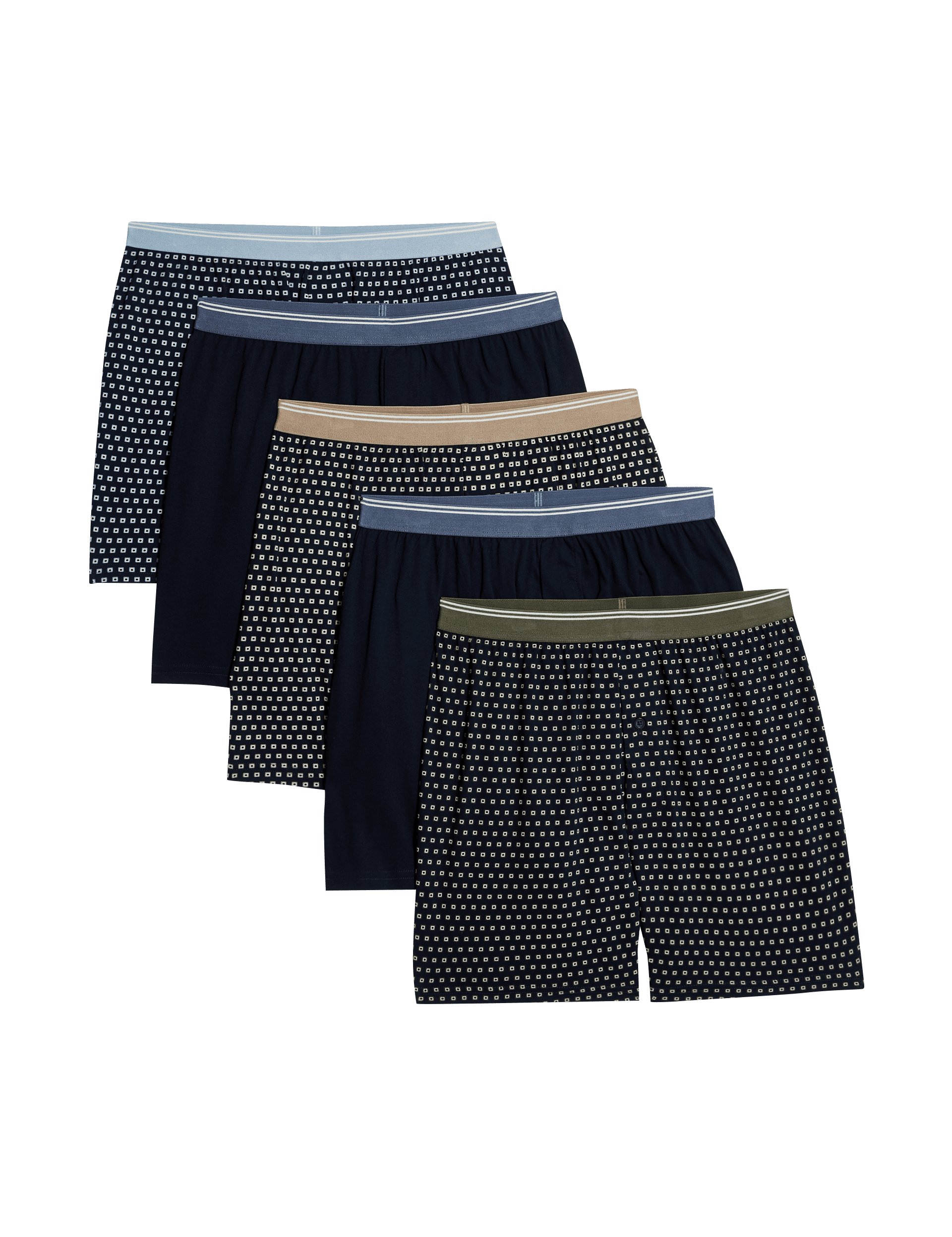 M&S Collection Men's 5pk Pure Cotton Cool & Fresh Assorted Pattern Jersey Boxers - Navy Mix, Navy M