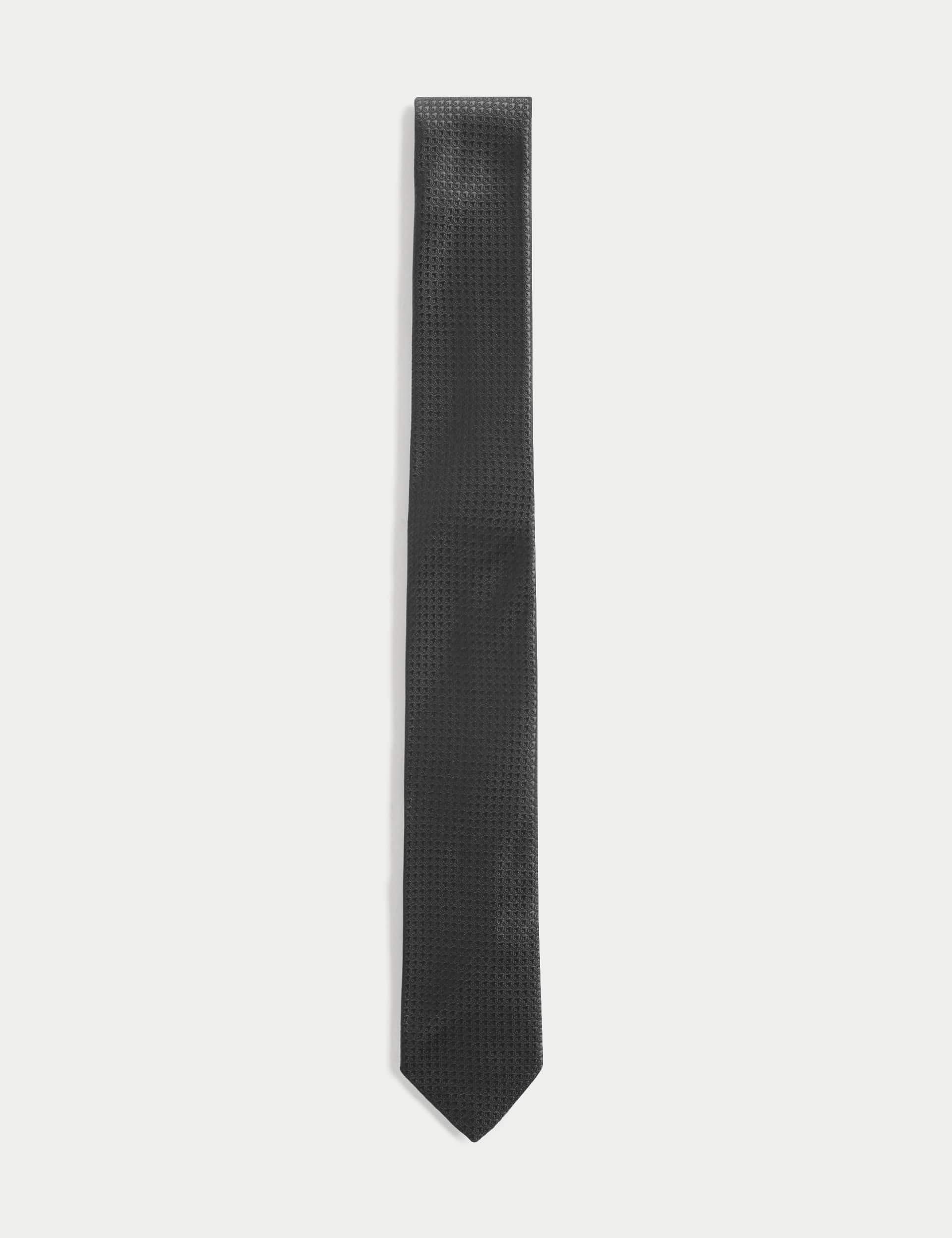 M&S Men's Skinny Geometric Tie - one size - Black, Burgundy,Black