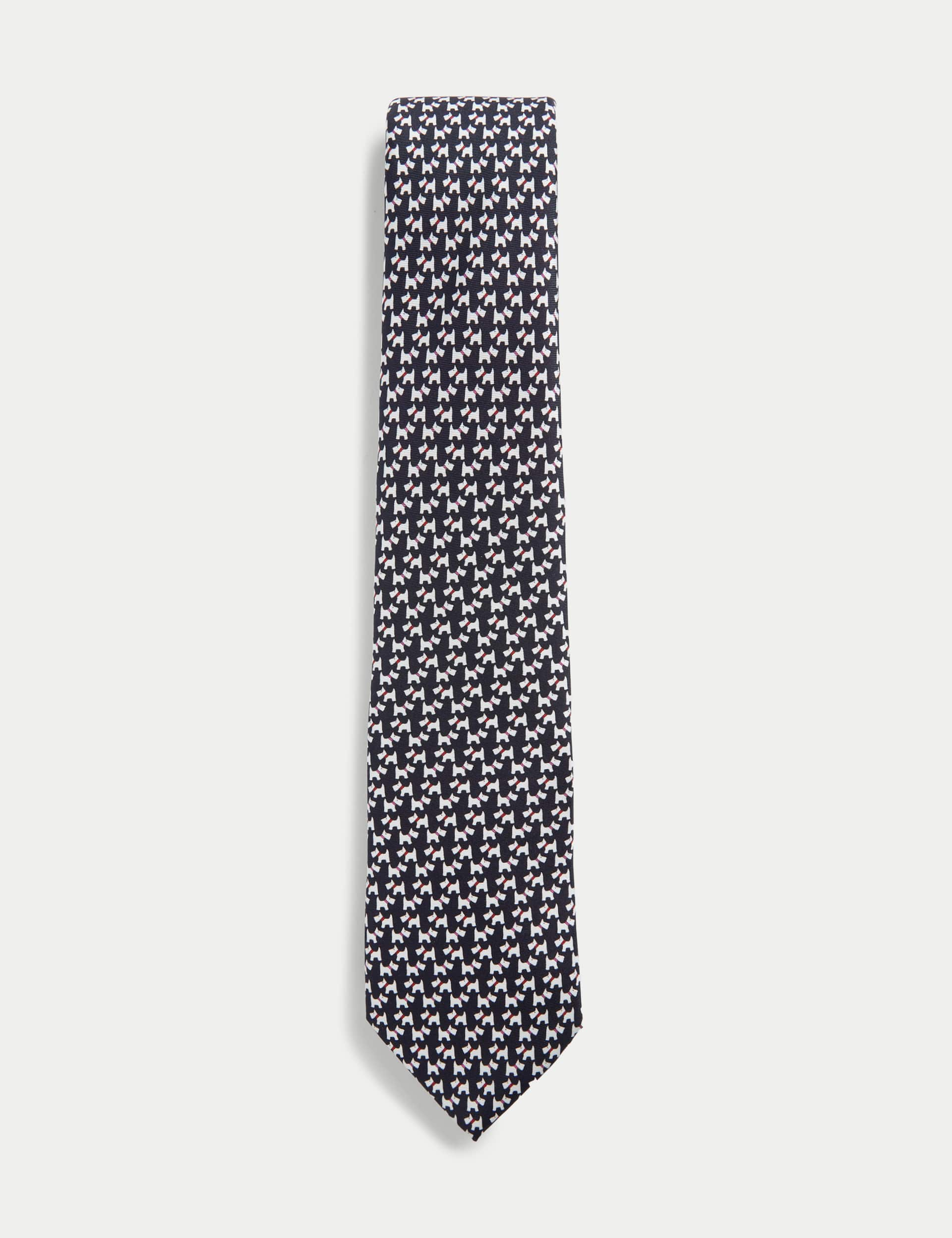 M&S Men's Dog Print Pure Silk Tie - one size - Navy, Navy,Pale Pink