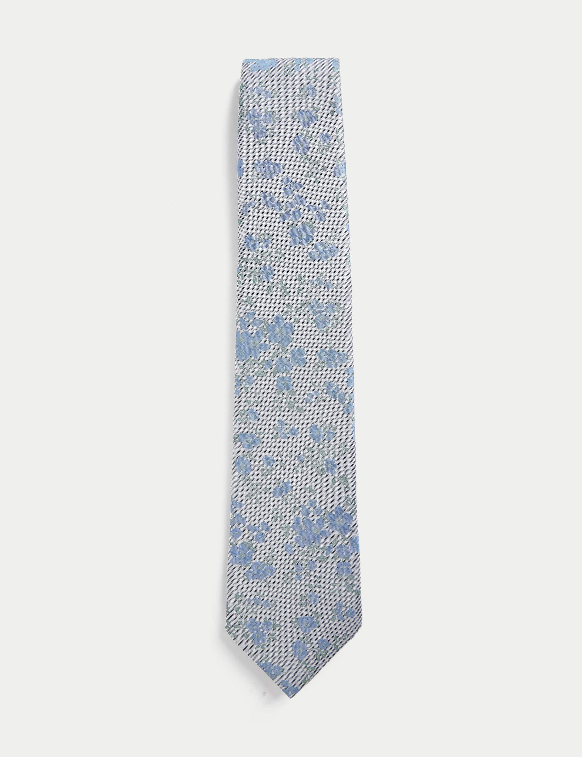 M&S Men's Floral Striped Pure Silk Tie - one size - Blue Mix, Blue Mix