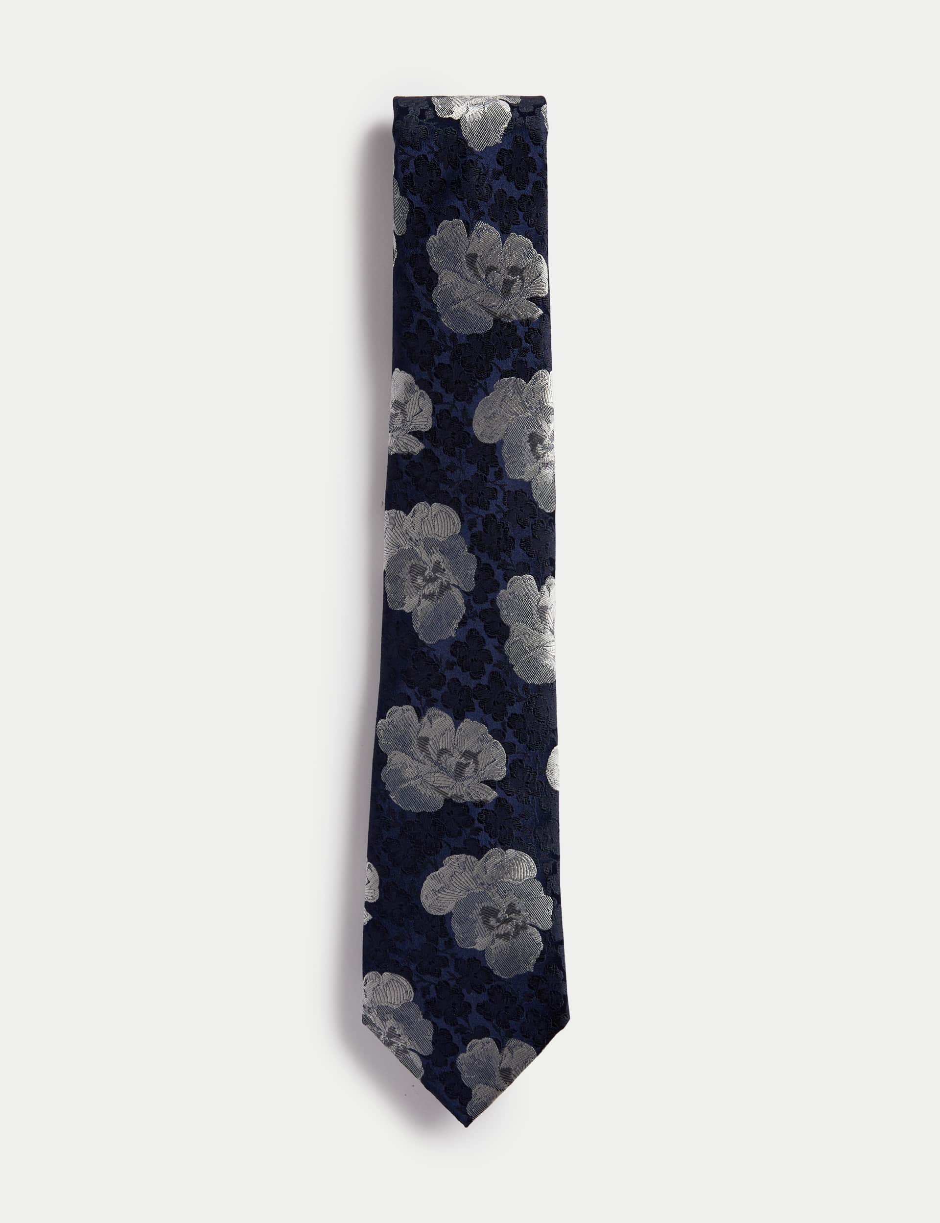 M&S Men's Floral Pure Silk Tie - Navy Mix, Navy Mix