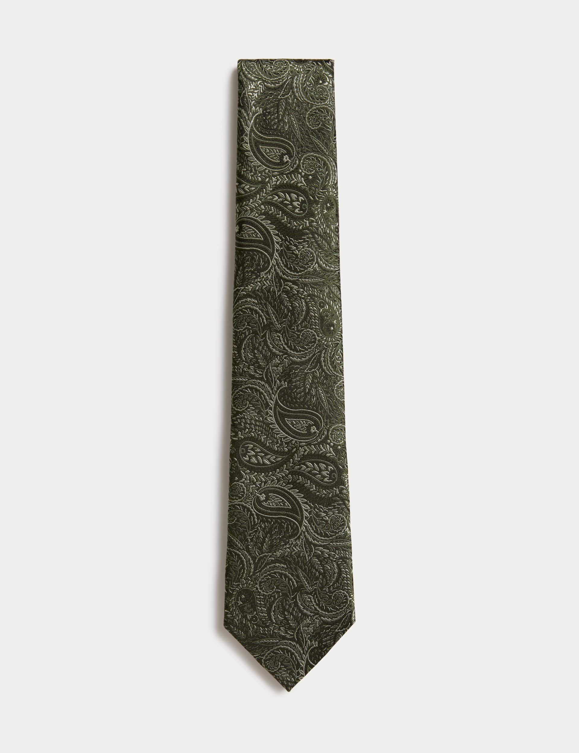 M&S Men's Pure Silk Paisley Tie - Green, Green