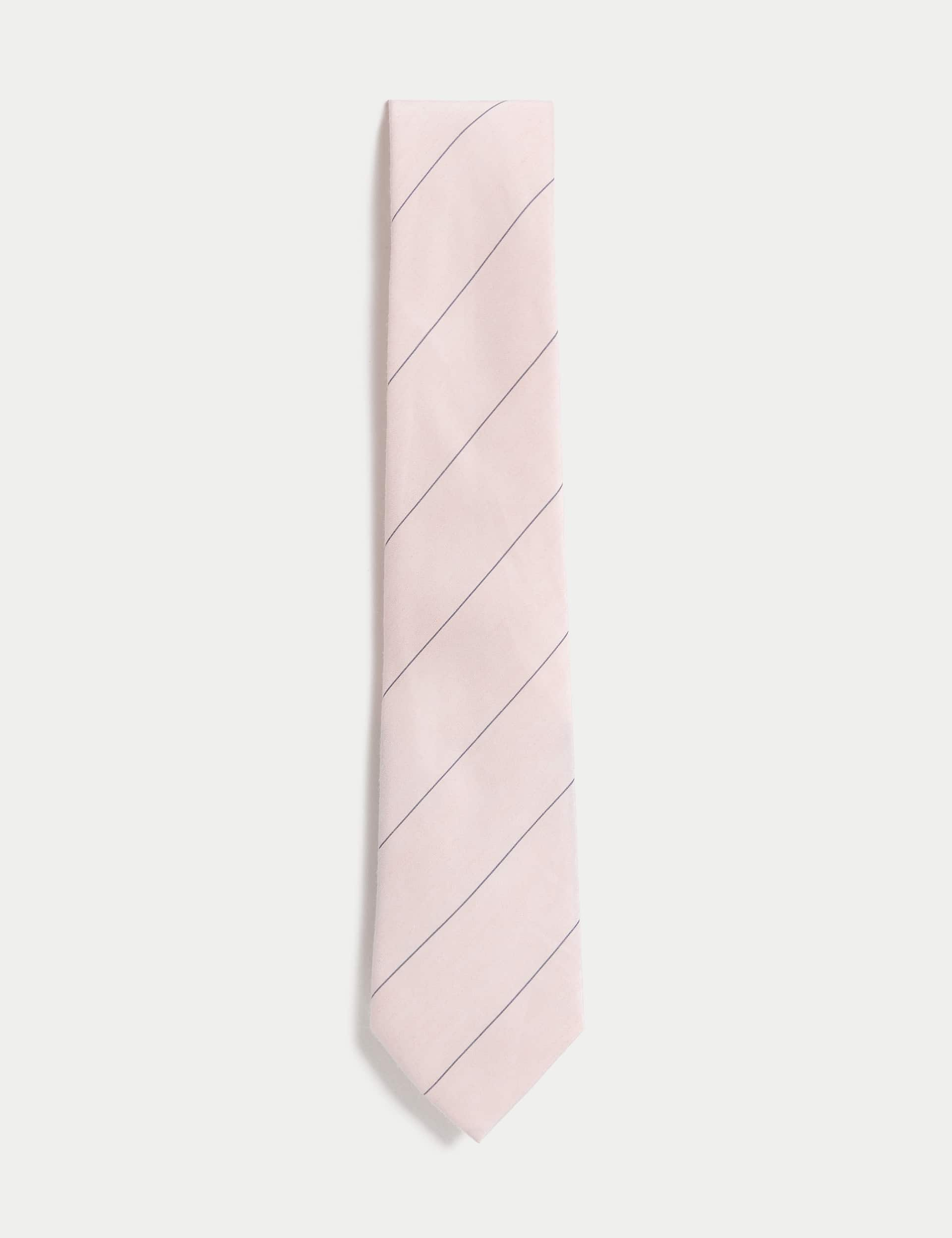 M&S Men's Linen Rich Striped Tie - one size - Soft Pink, Light Blue,Soft Pink