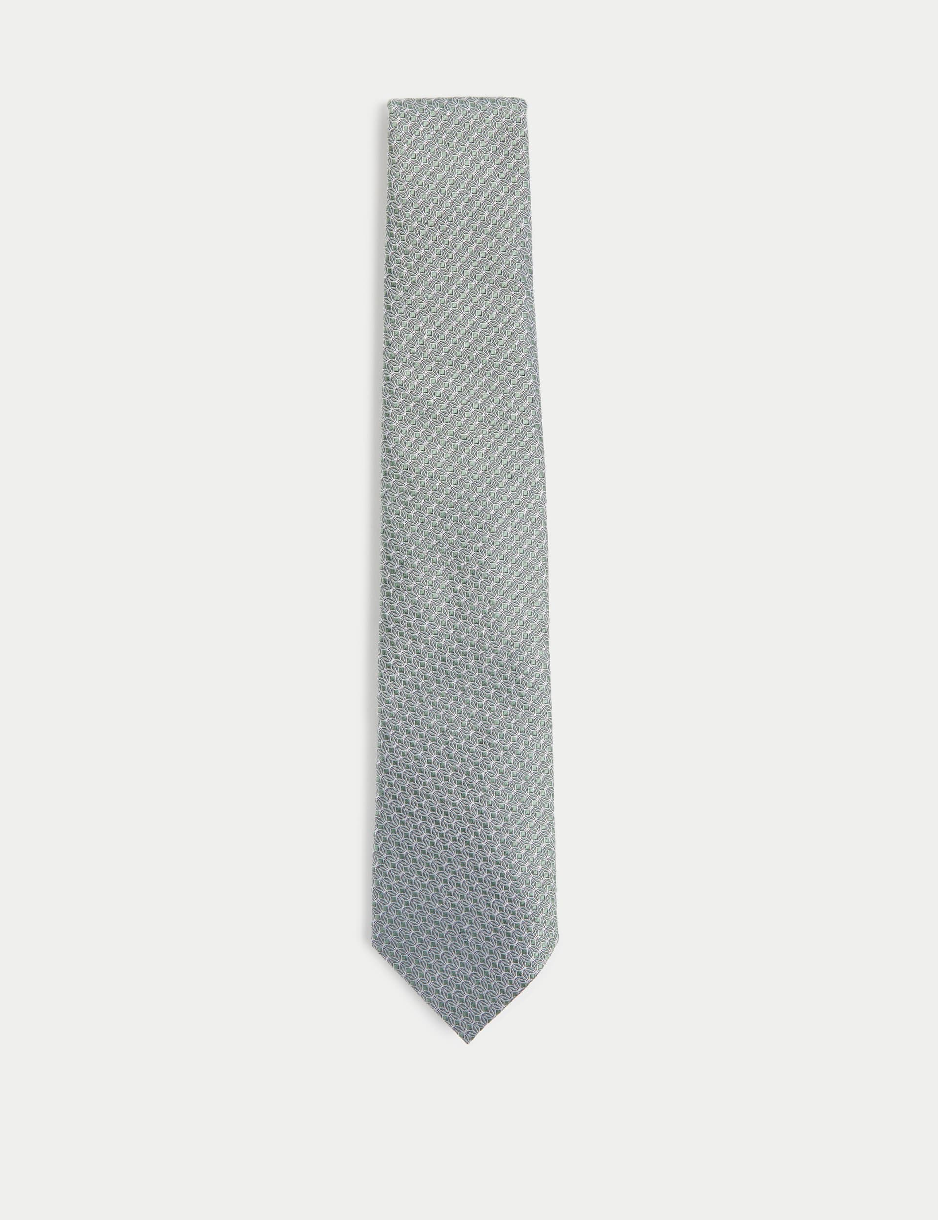 M&S Men's Geometric Pure Silk Tie - Sage Green, Burgundy,Sage Green