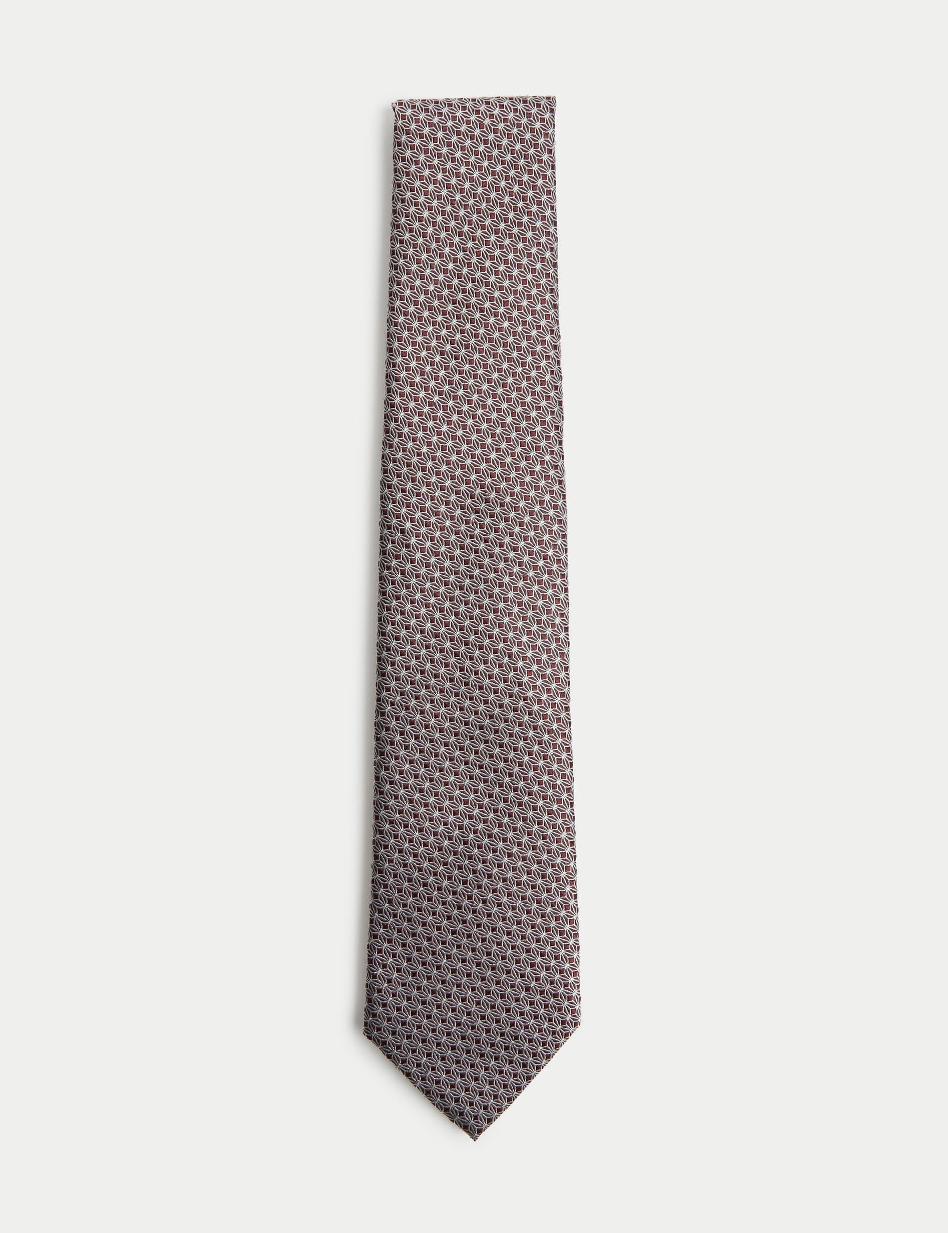 M&S Men's Geometric Pure Silk Tie - Burgundy, Burgundy,Sage Green