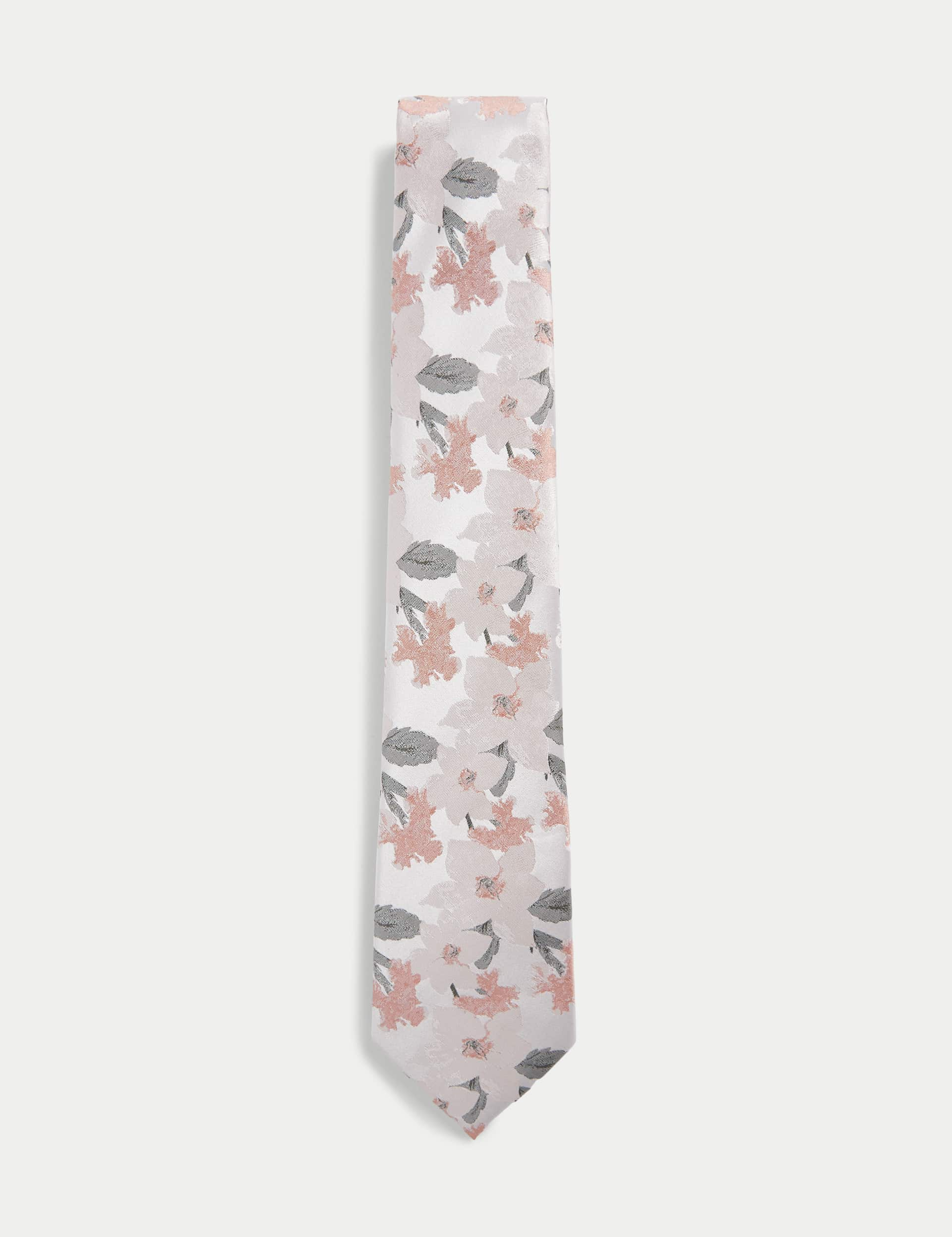 M&S Men's Printed Floral Pure Silk Tie - one size - Pale Pink, Pale Pink,Pale Blue