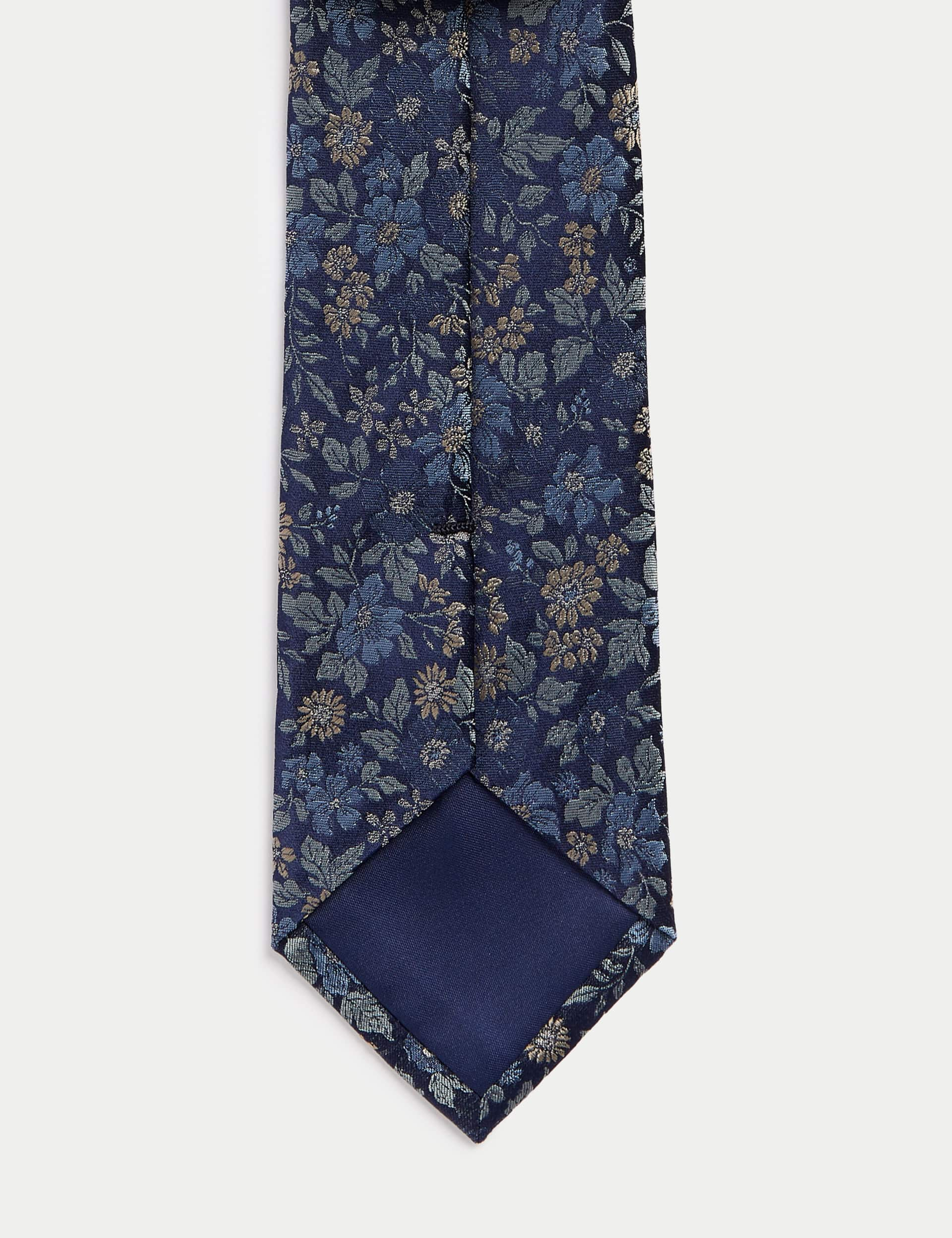 M&S Collection Men's Floral Pure Silk Tie - Navy Mix, Ecru,Navy Mix,Mid Blue,Pink Mix