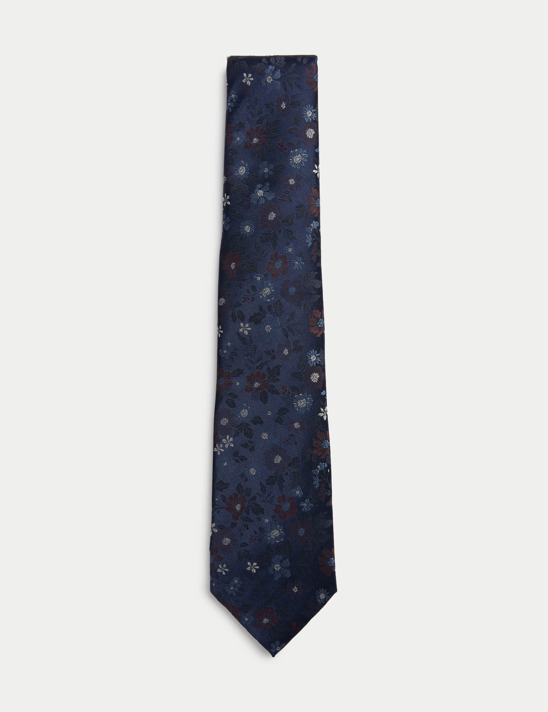 M&S Men's Floral Pure Silk Tie - Burgundy Mix, Burgundy Mix