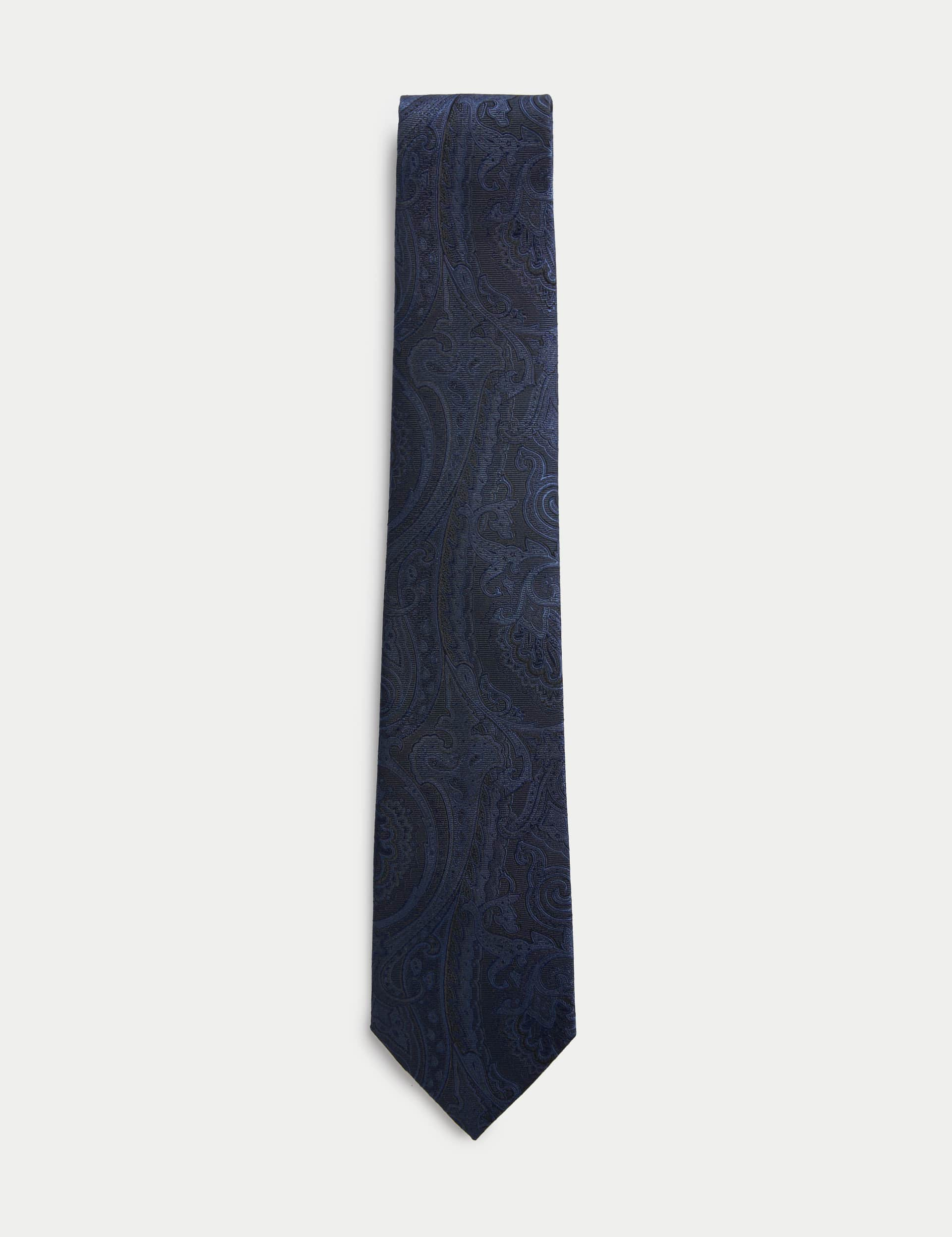 M&S Men's Paisley Pure Silk Tie - Navy, Navy