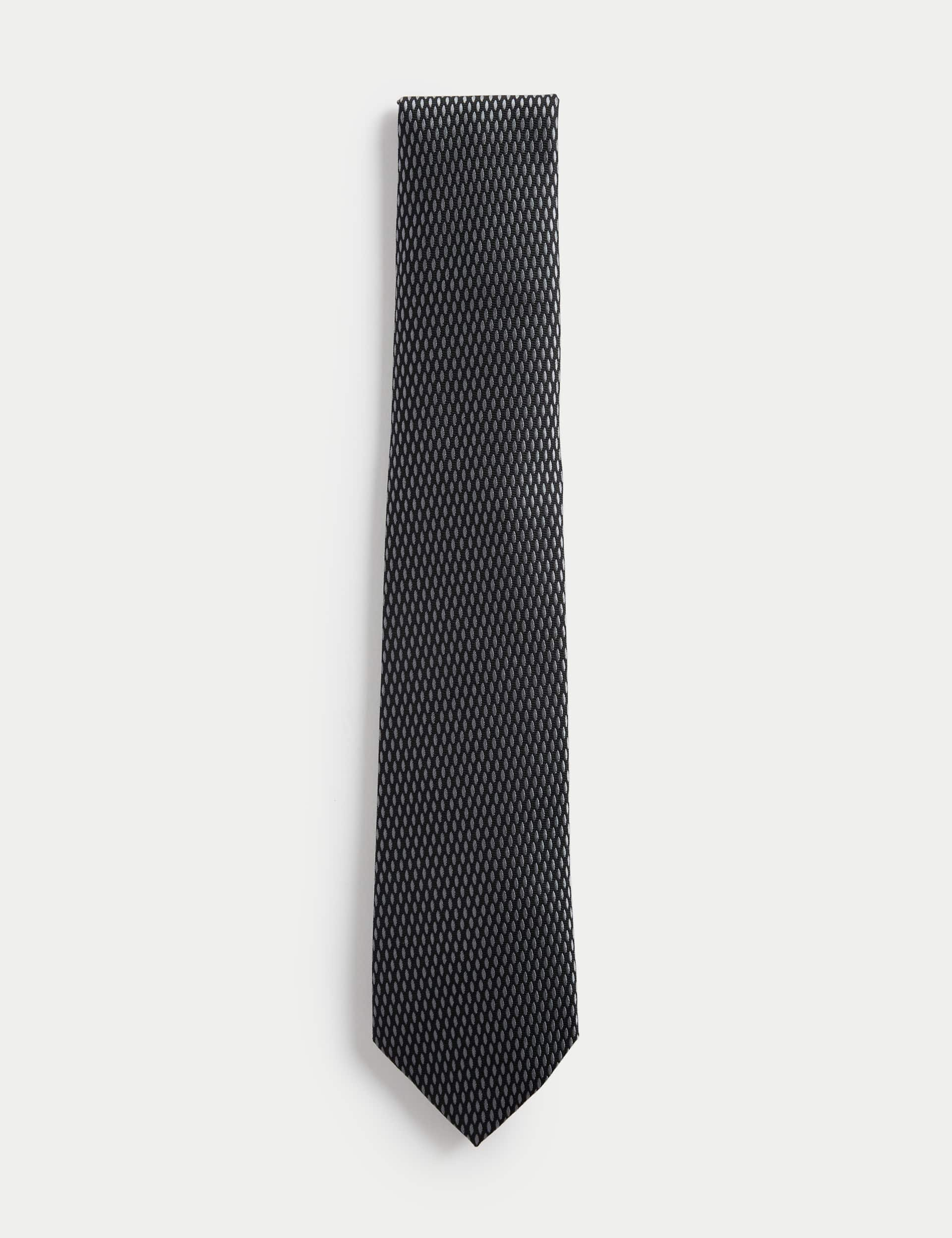 M&S Men's Geometric Pure Silk Tie - Grey Mix, Grey Mix