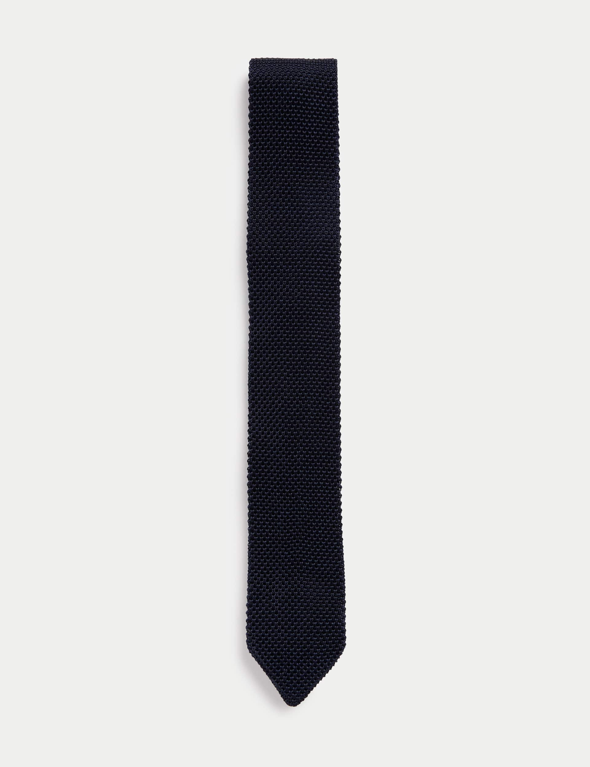 M&S Collection Men's Skinny Pure Silk Knitted Tie - Navy, Navy