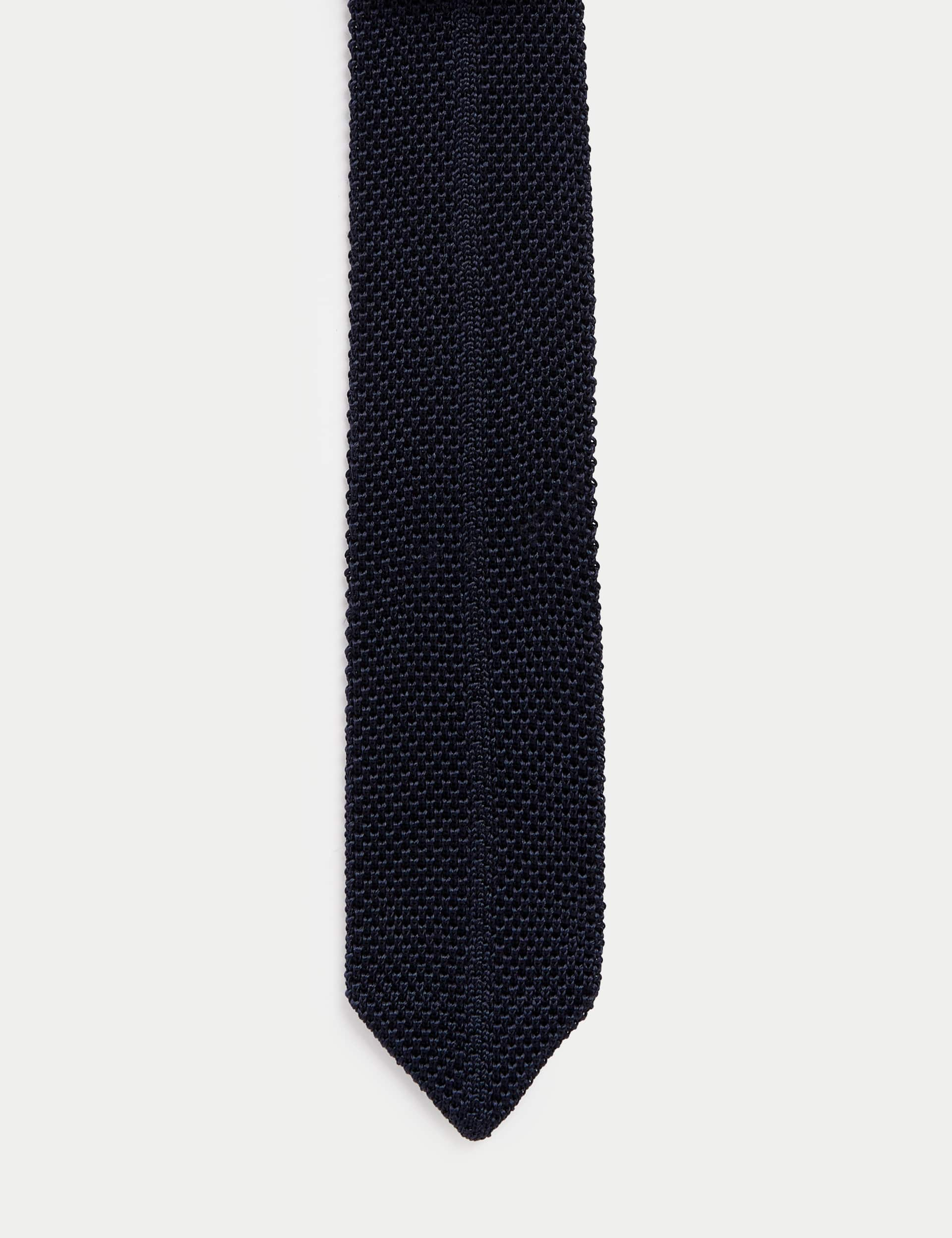 M&S Collection Men's Skinny Pure Silk Knitted Tie - Navy, Navy