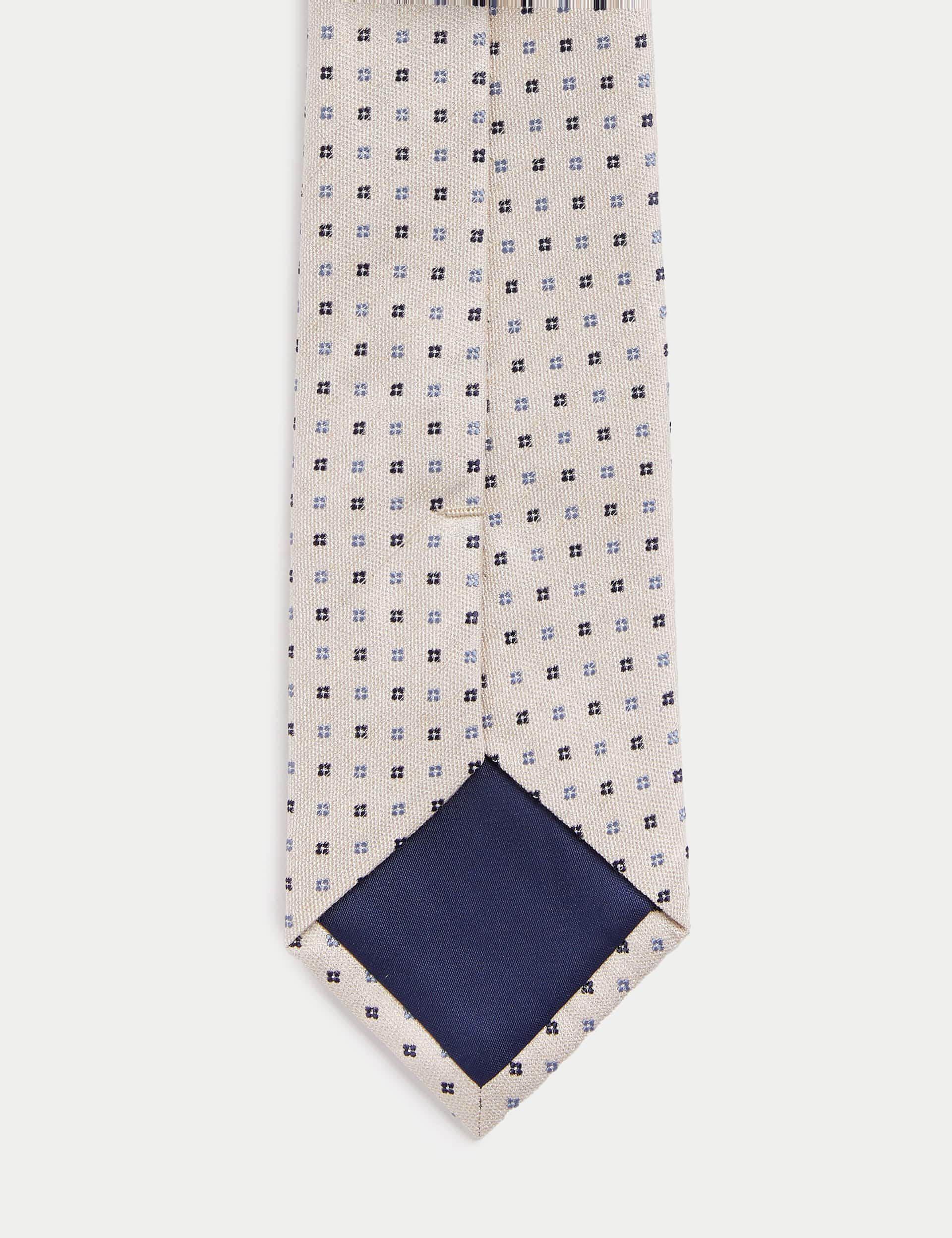 M&S Collection Men's Silk Rich Geometric Tie with Linen - Ecru, Mid Blue,Ecru