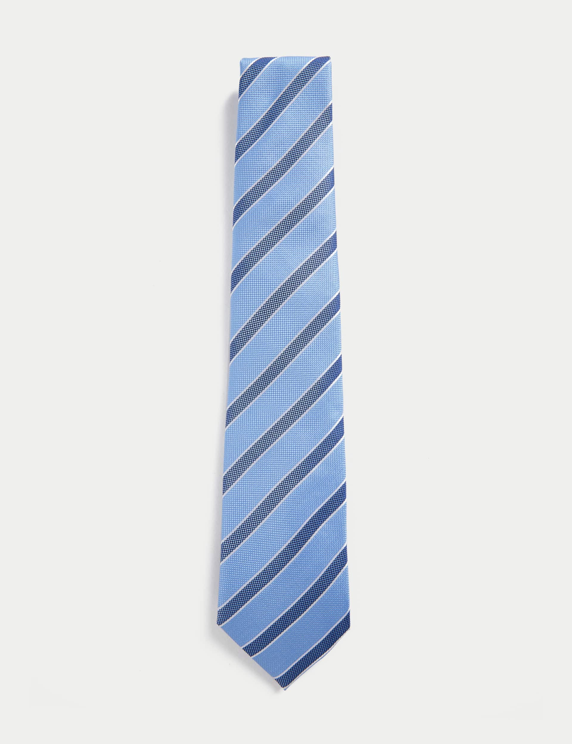 M&S Men's Striped Pure Silk Tie - one size - Light Blue, Light Blue