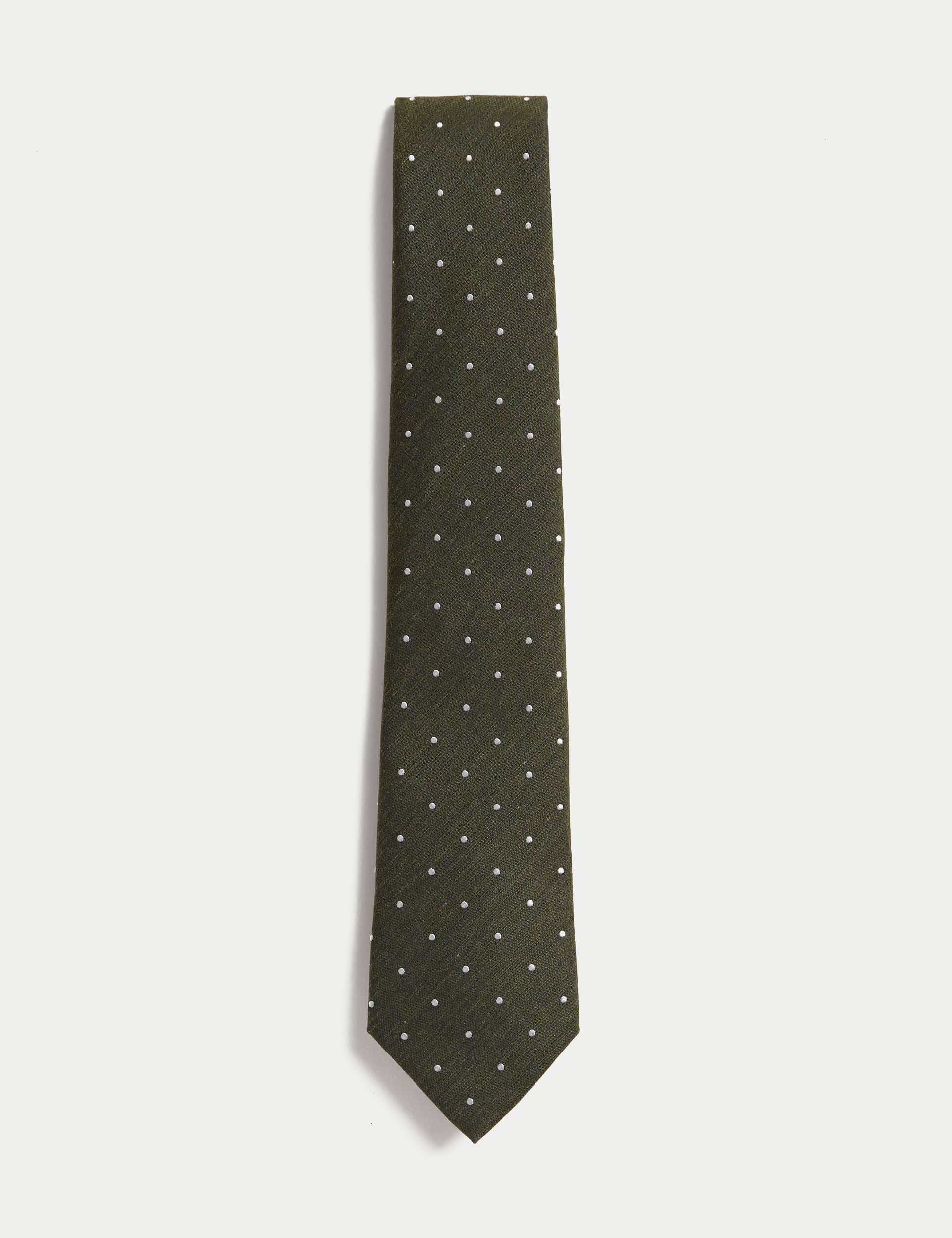 M&S Men's Polka Dot Silk Rich Tie - Green, Medium Blue,Green