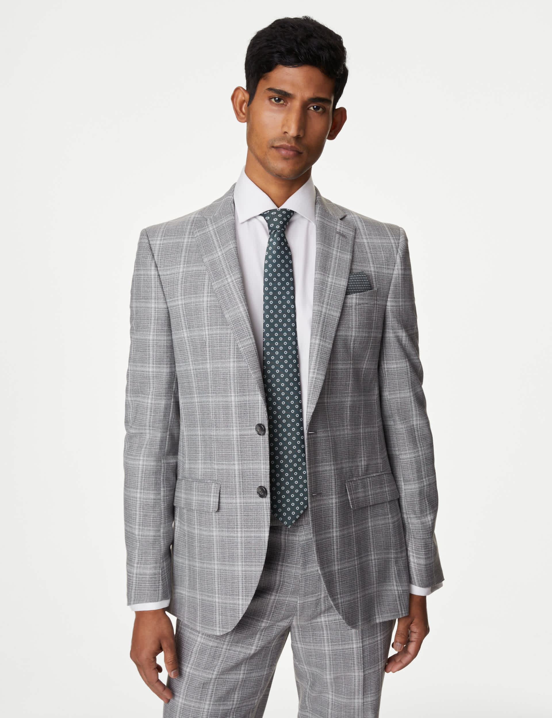 M&S Men's Slim Fit Check Stretch Suit Jacket - 38LNG - Grey, Grey