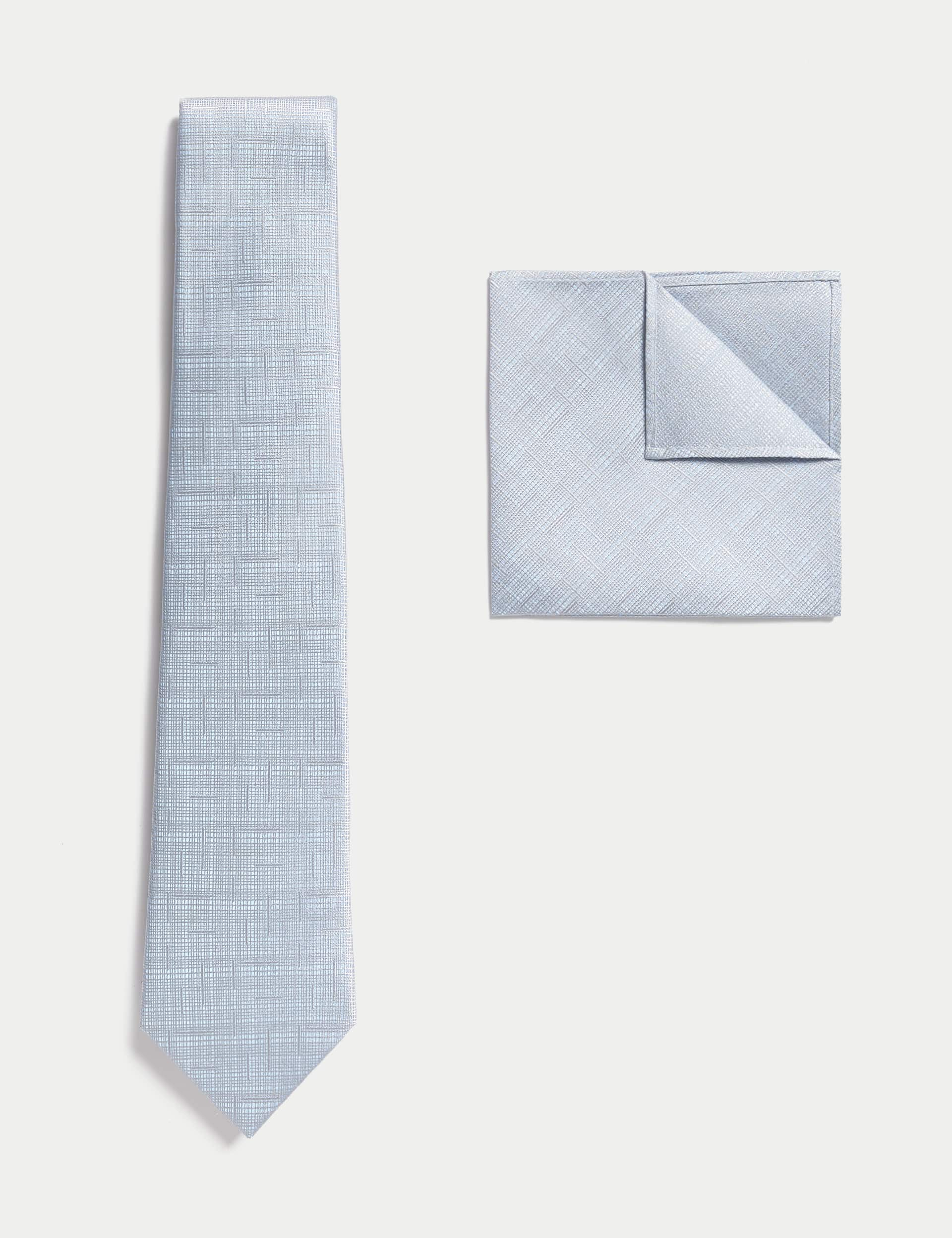 M&S Men's Textured Pure Silk Tie & Pocket Square Set - one size - Sky Blue, Sky Blue,Oyster,Champagn