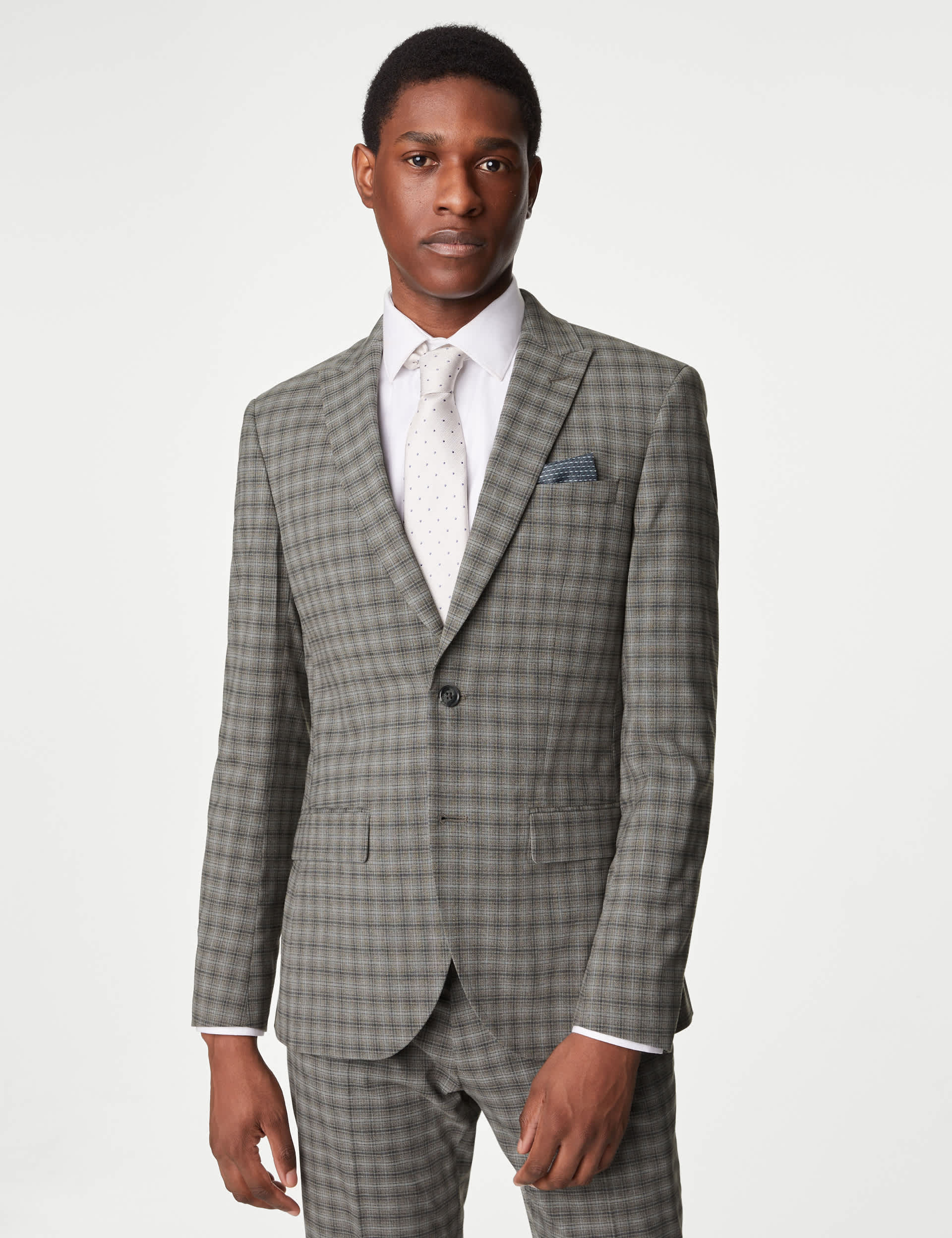 M&S Men's Skinny Fit Check Stretch Suit Jacket - 44REG - Grey, Grey