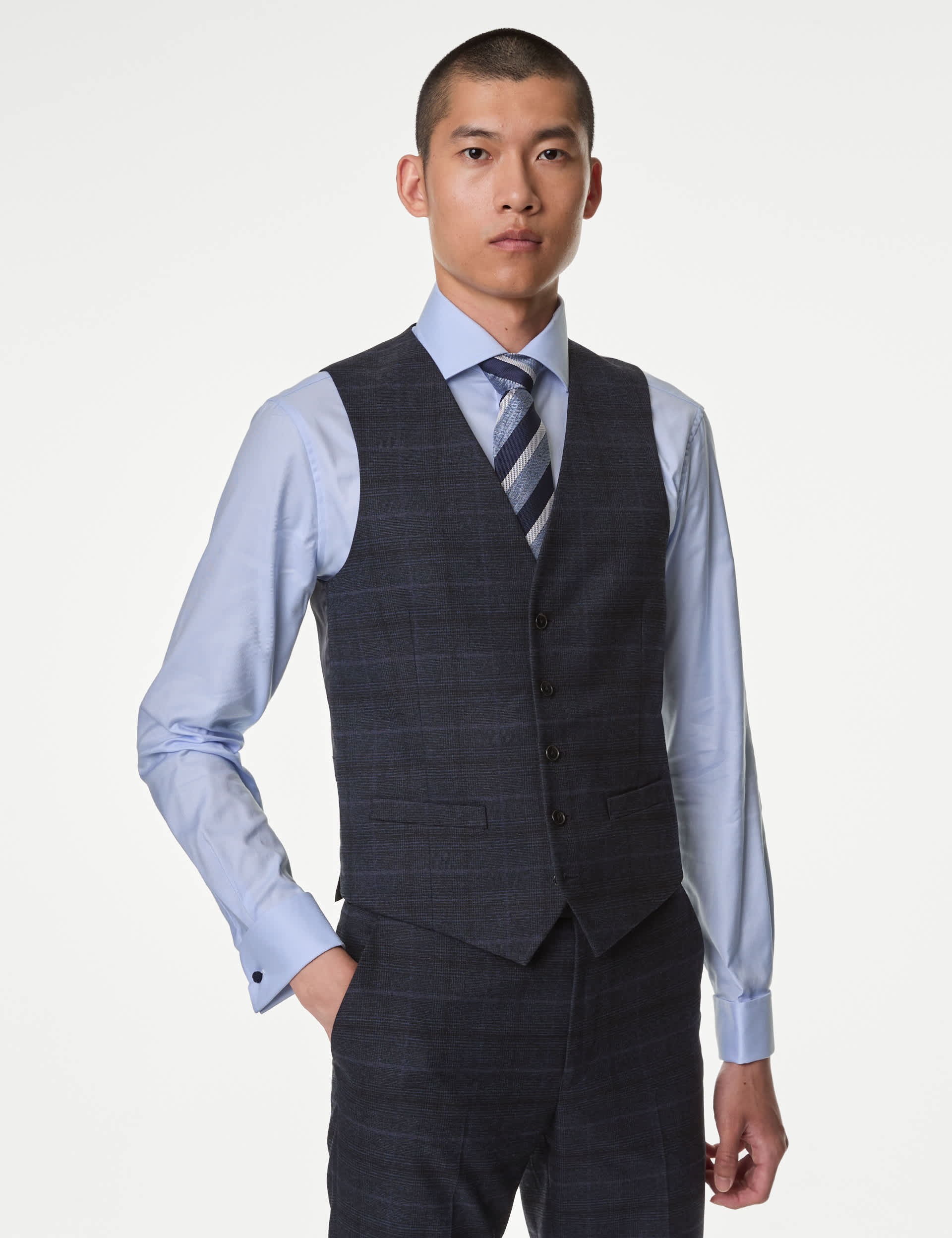 M&S Men's Check Waistcoat - 34REG - Navy Mix, Navy Mix,Grey Mix