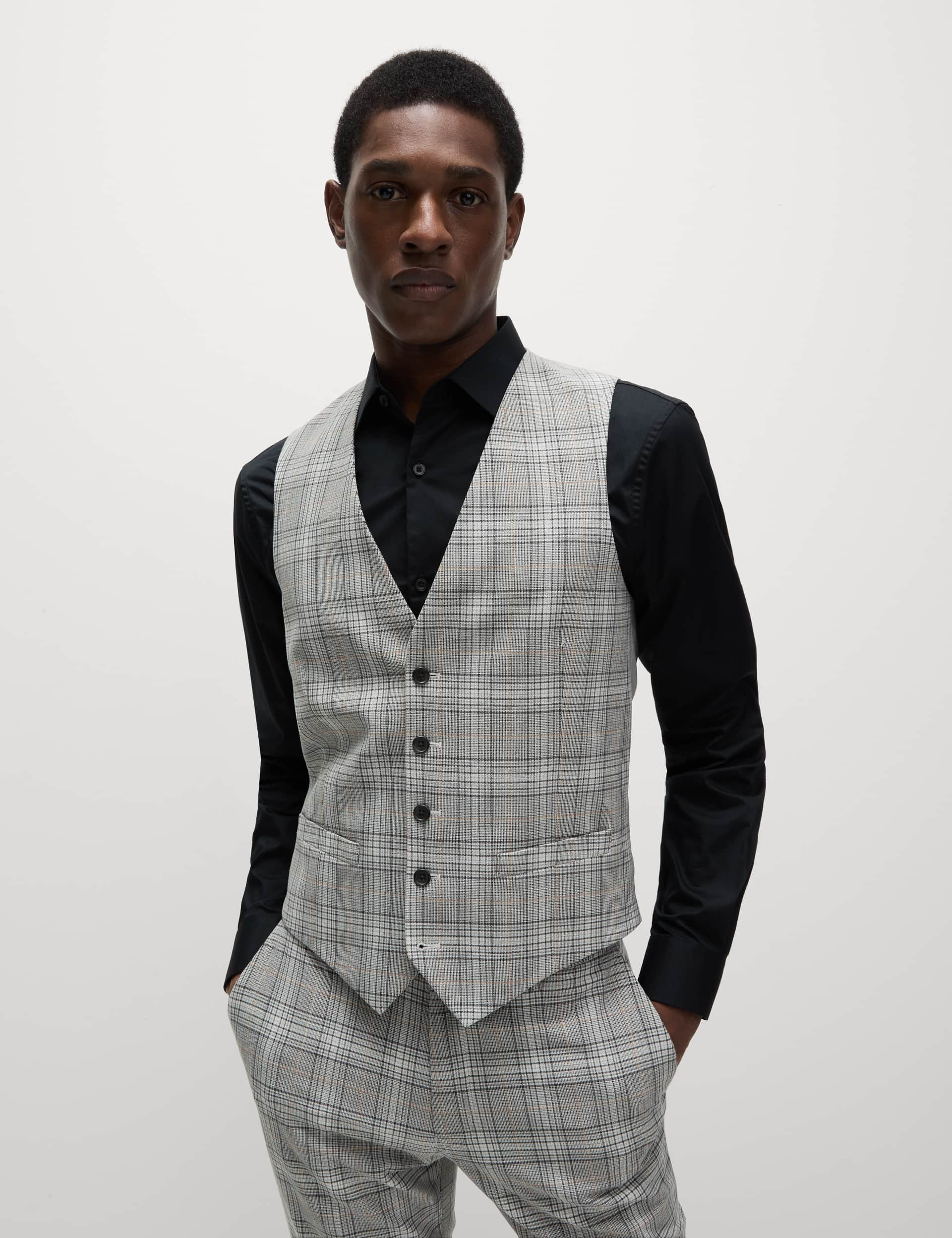 M&S Men's Prince of Wales Check Waistcoat - 42REG - Grey Mix, Grey Mix