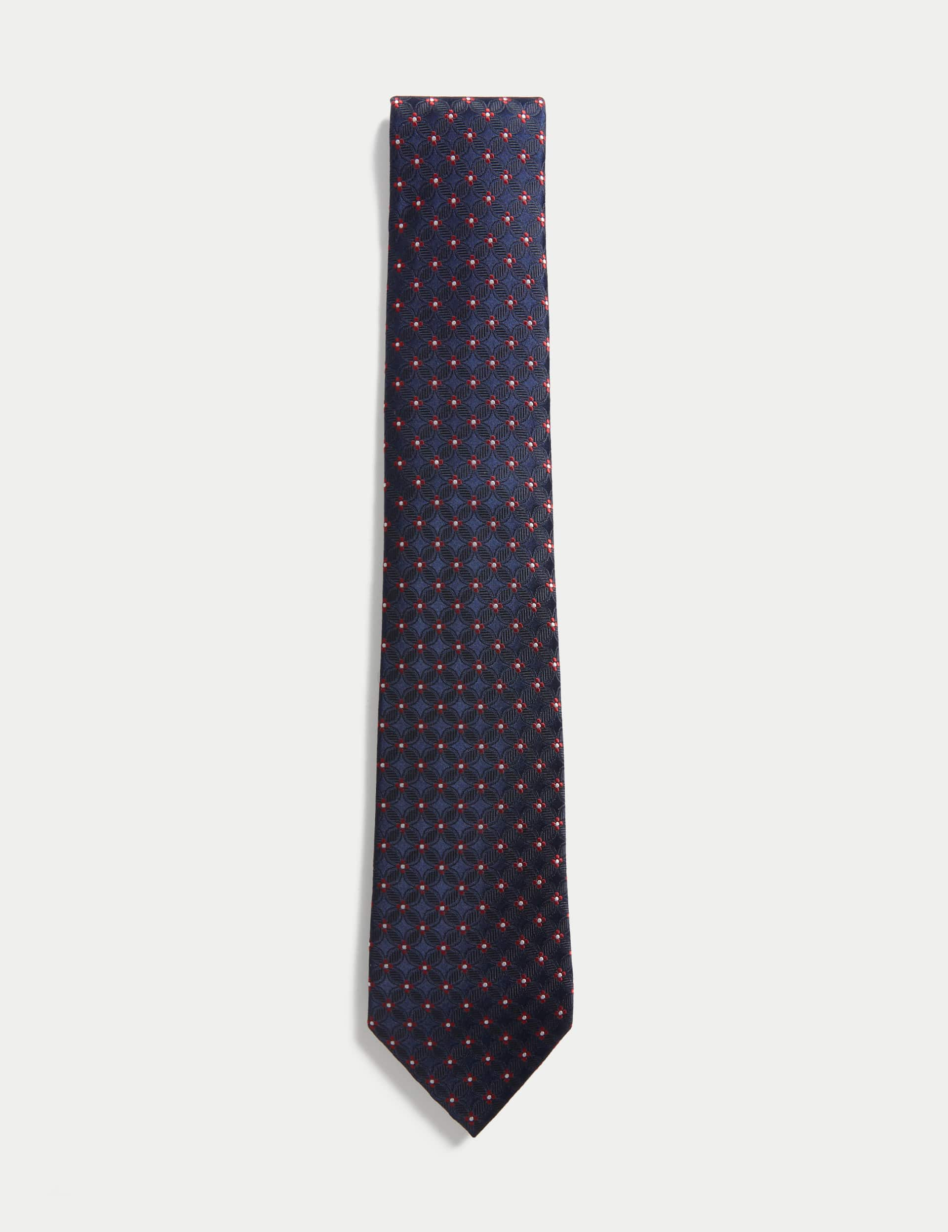 M&S Men's Floral Geometric Pure Silk Tie - Navy, Navy