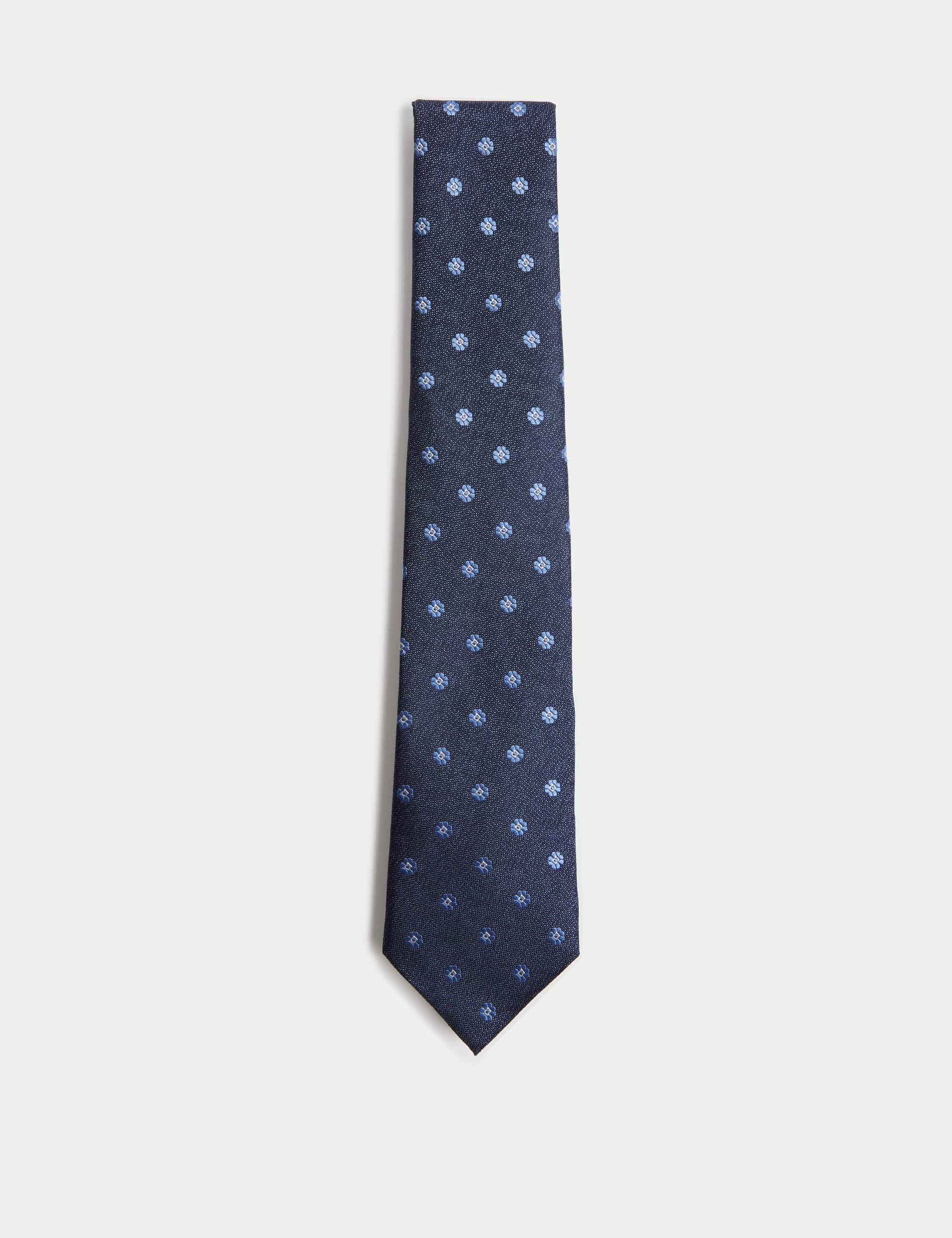 M&S Men's Textured Floral Pure Silk Tie - Navy, Grey,Navy