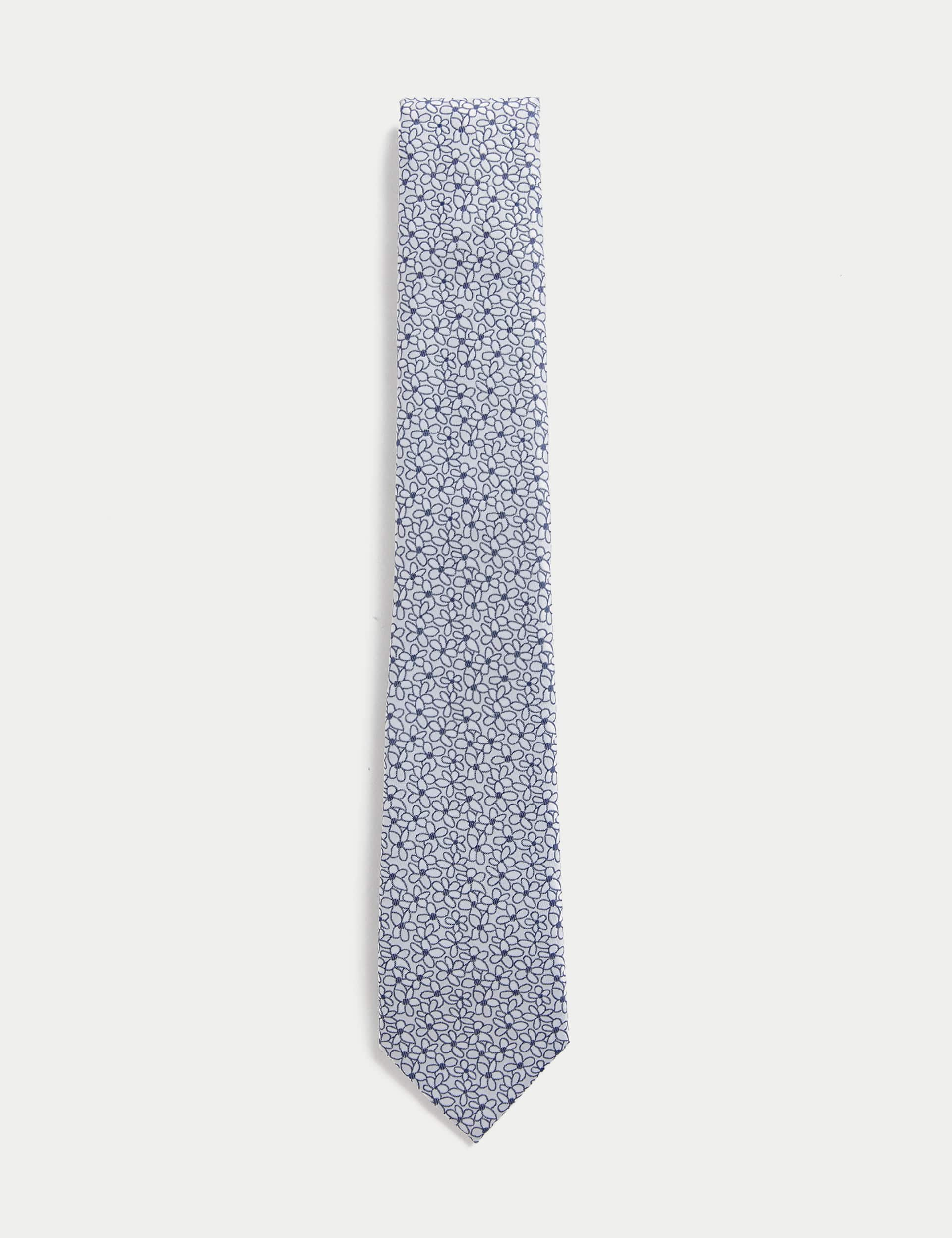 M&S Sartorial Men's Slim Floral Tie - one size - Navy/White, Navy/White