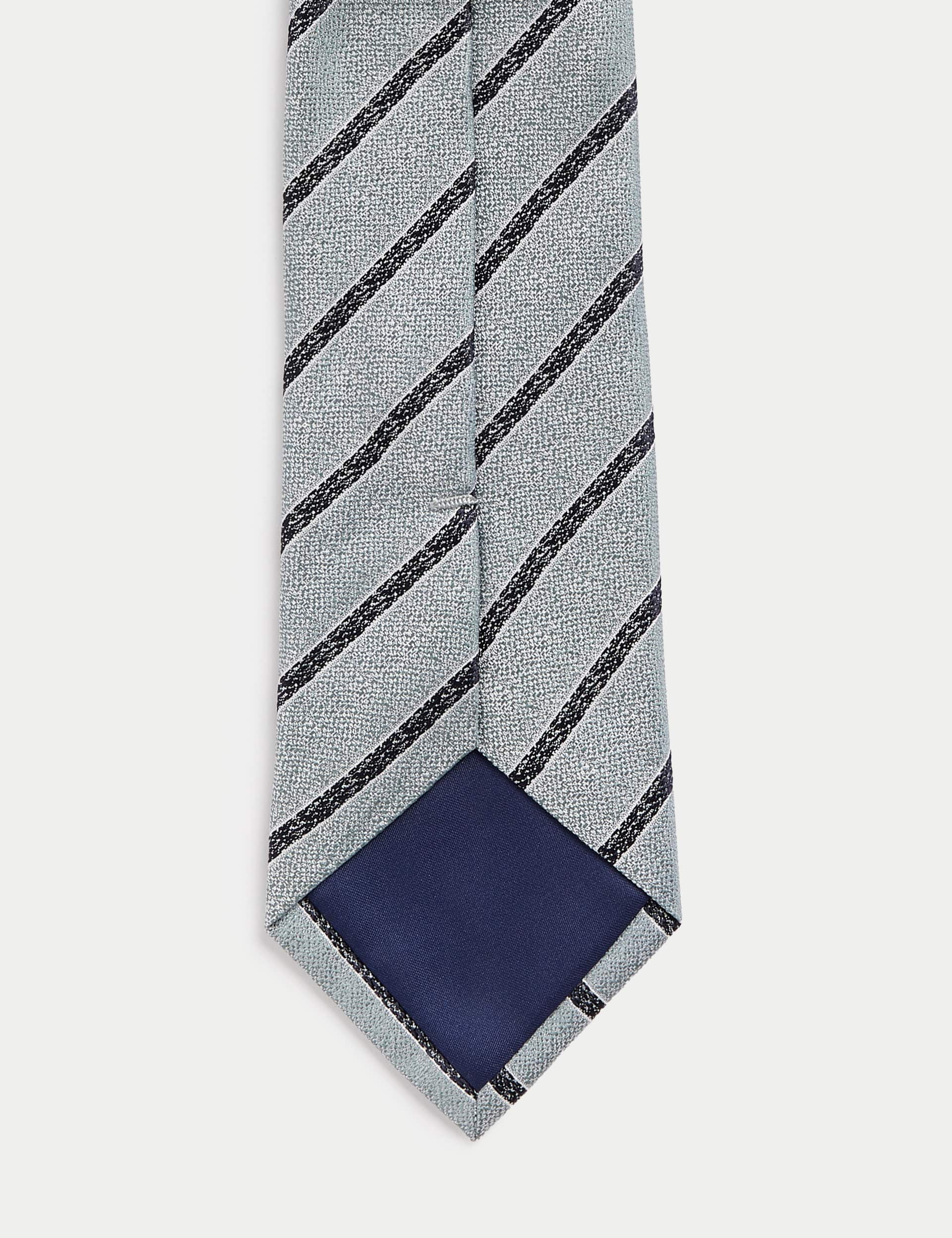 M&S Collection Men's Pure Silk Striped Tie - Sage, Sage,Pink,Mid Blue