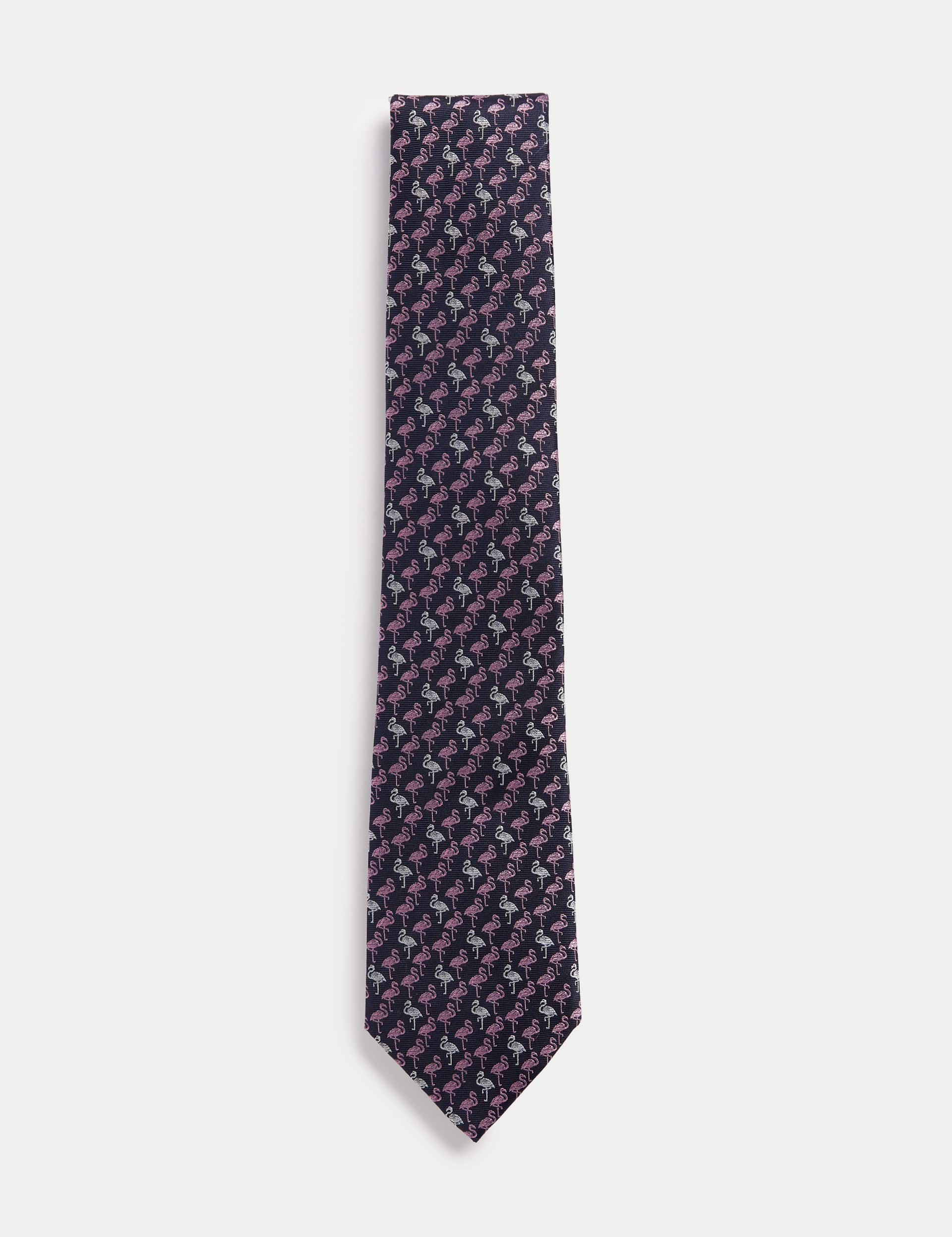 M&S Collection Men's Flamingo Pure Silk Tie - Navy Mix, Navy Mix