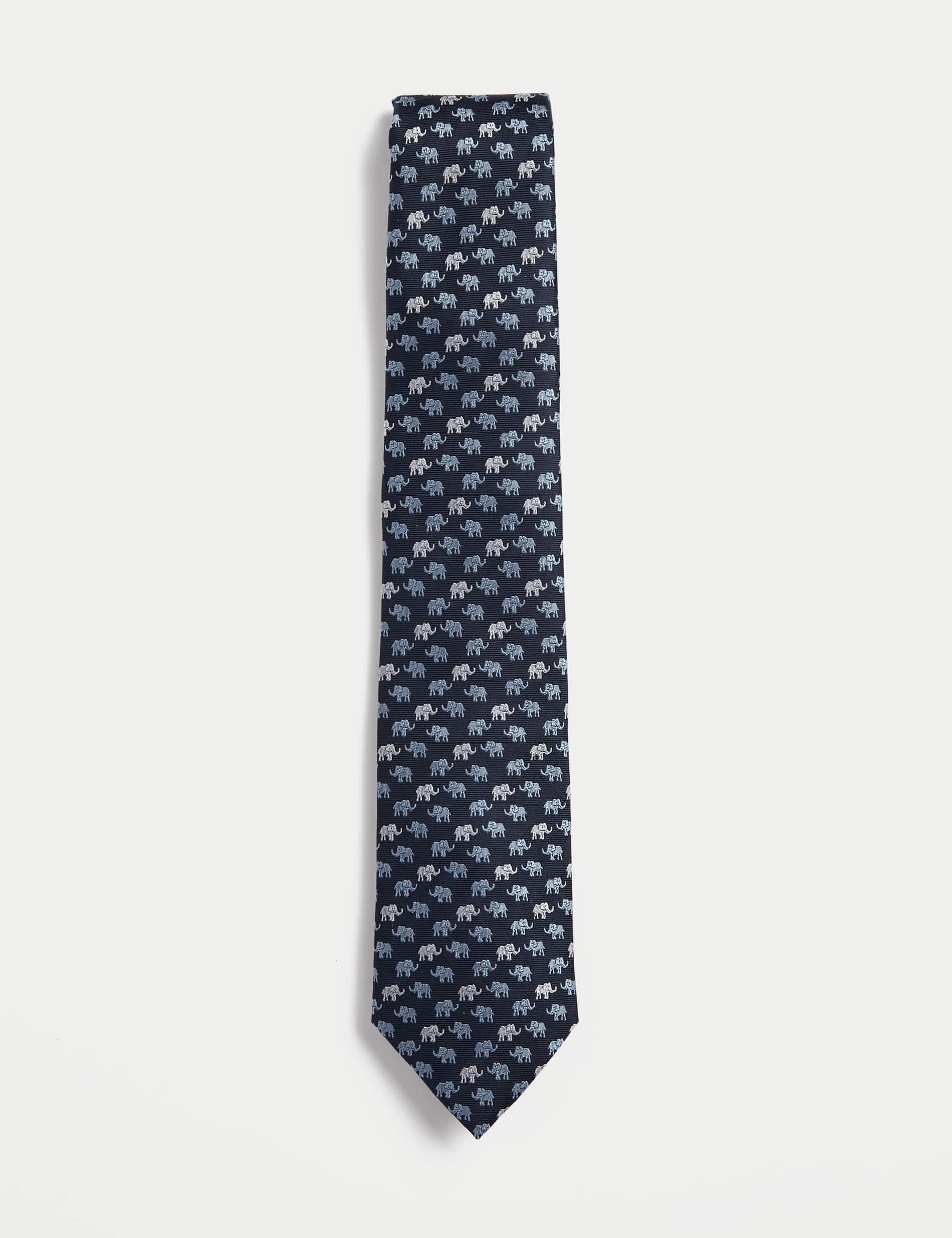 M&S Men's Elephant Print Pure Silk Tie - Blue, Blue