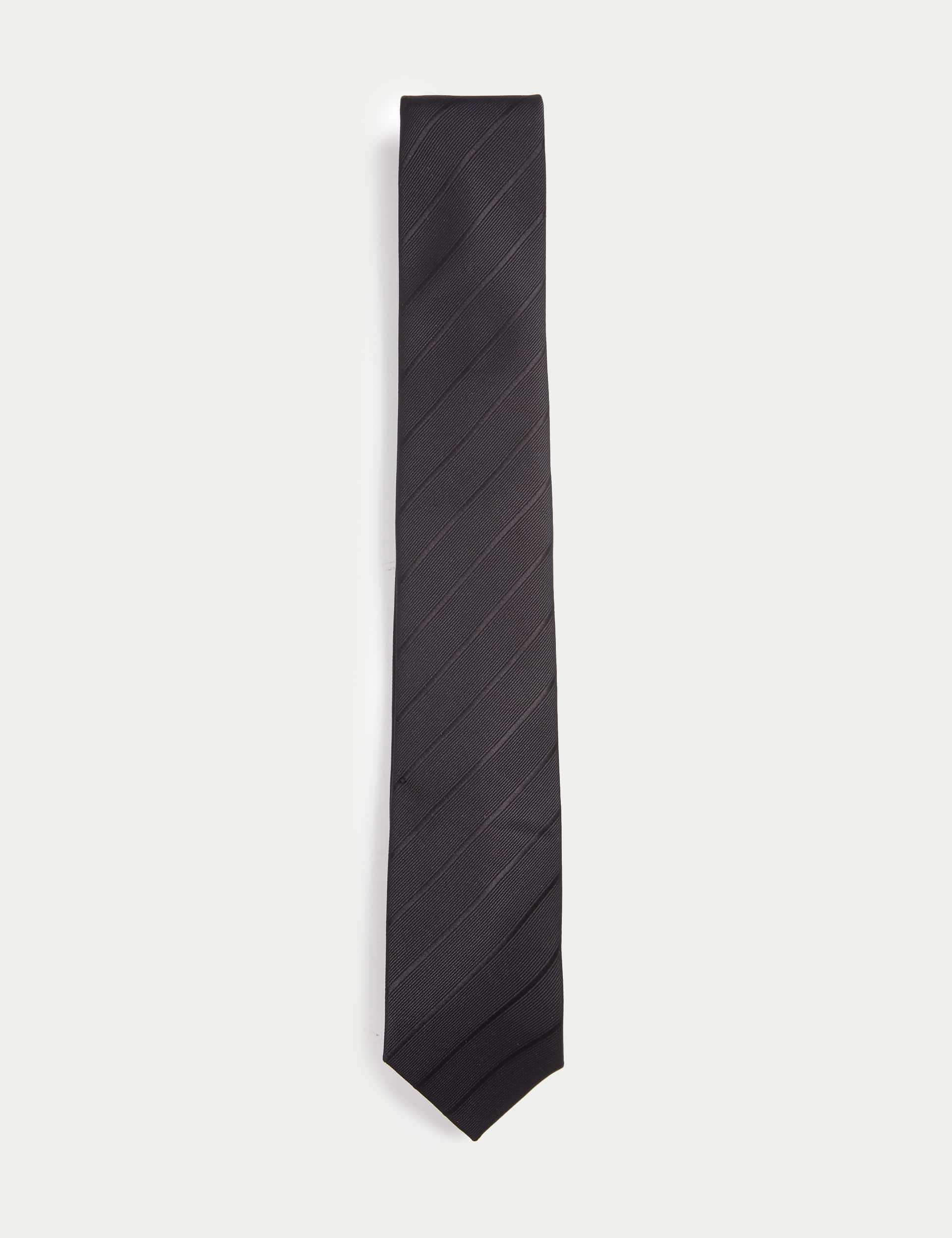 M&S Men's Slim Striped Tie - Black, Black