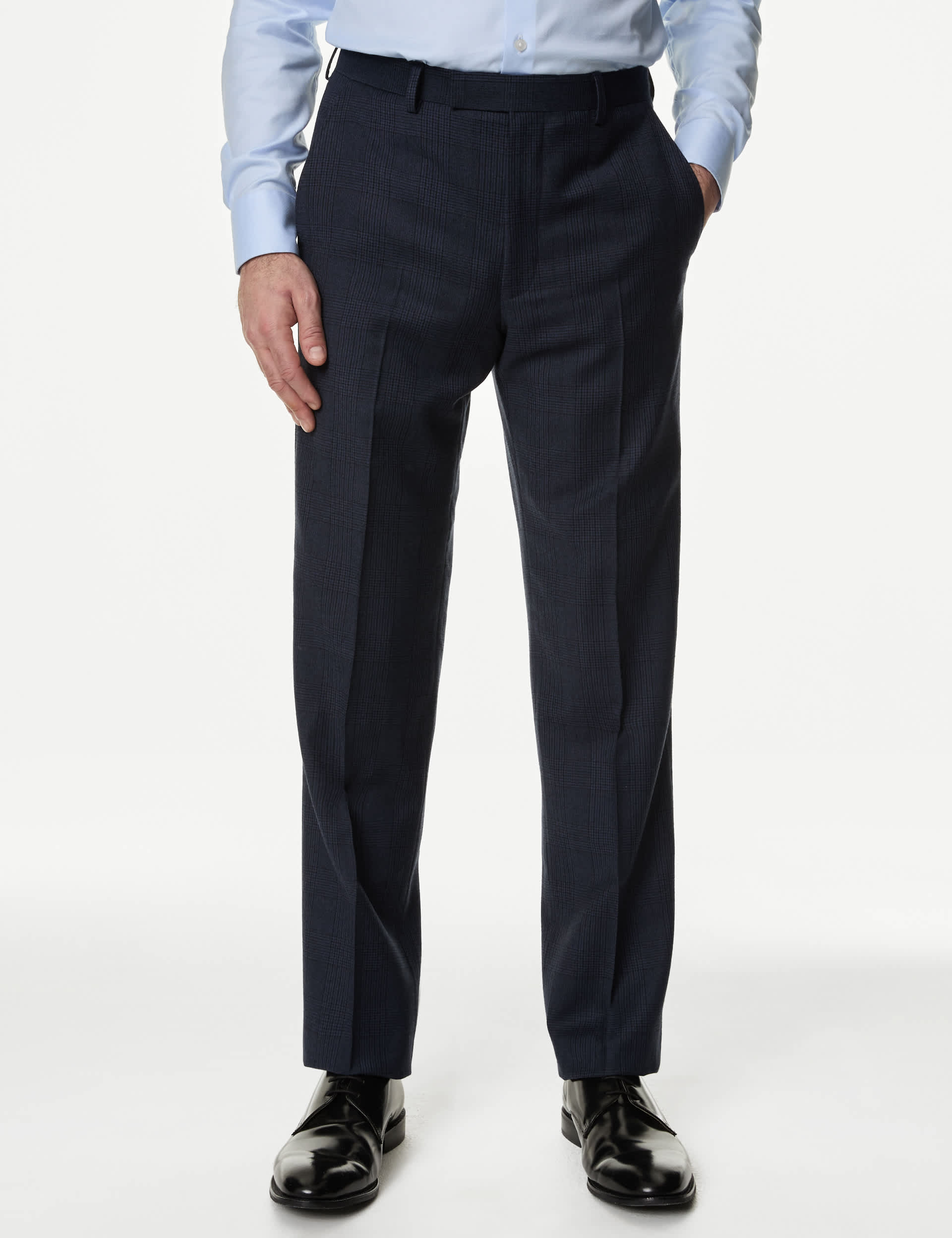 M&S Sartorial Men's Regular Fit Pure Wool Check Suit Trousers - 44REG - French Navy, French Navy