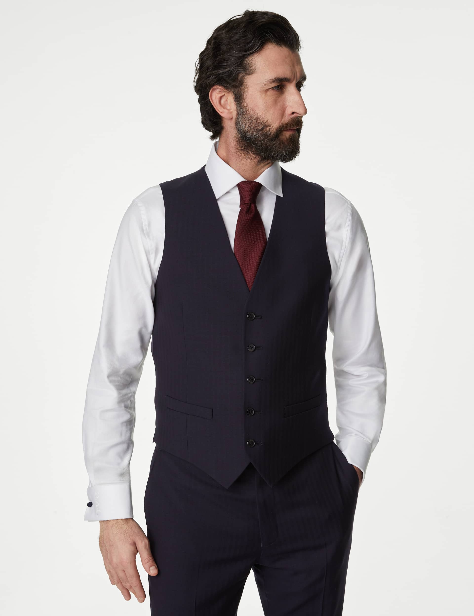 M&S Sartorial Men's Regular Fit Pure Wool Textured Waistcoat - 44REG - Navy, Navy